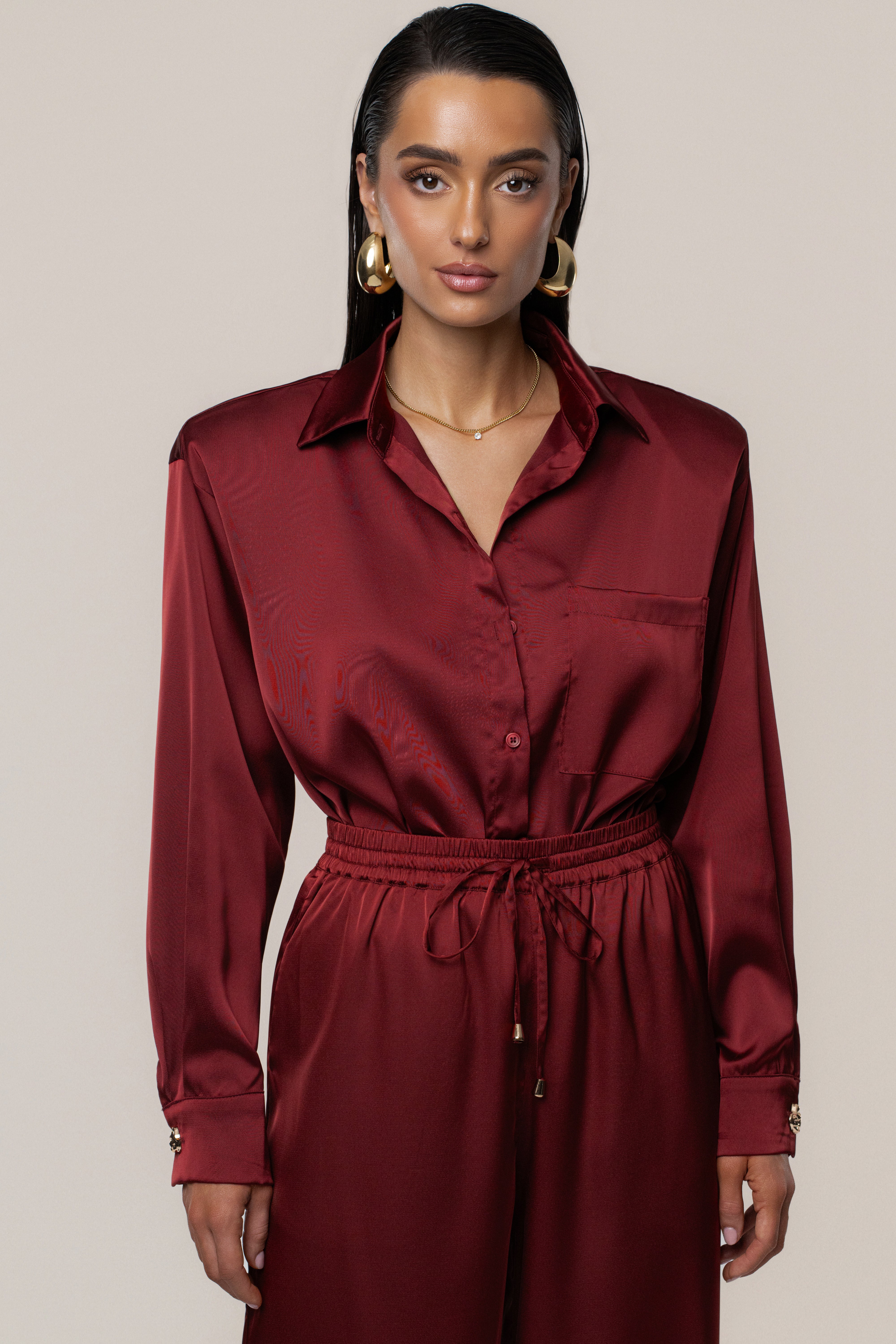 Burgundy Island Ease Collared Satin Top