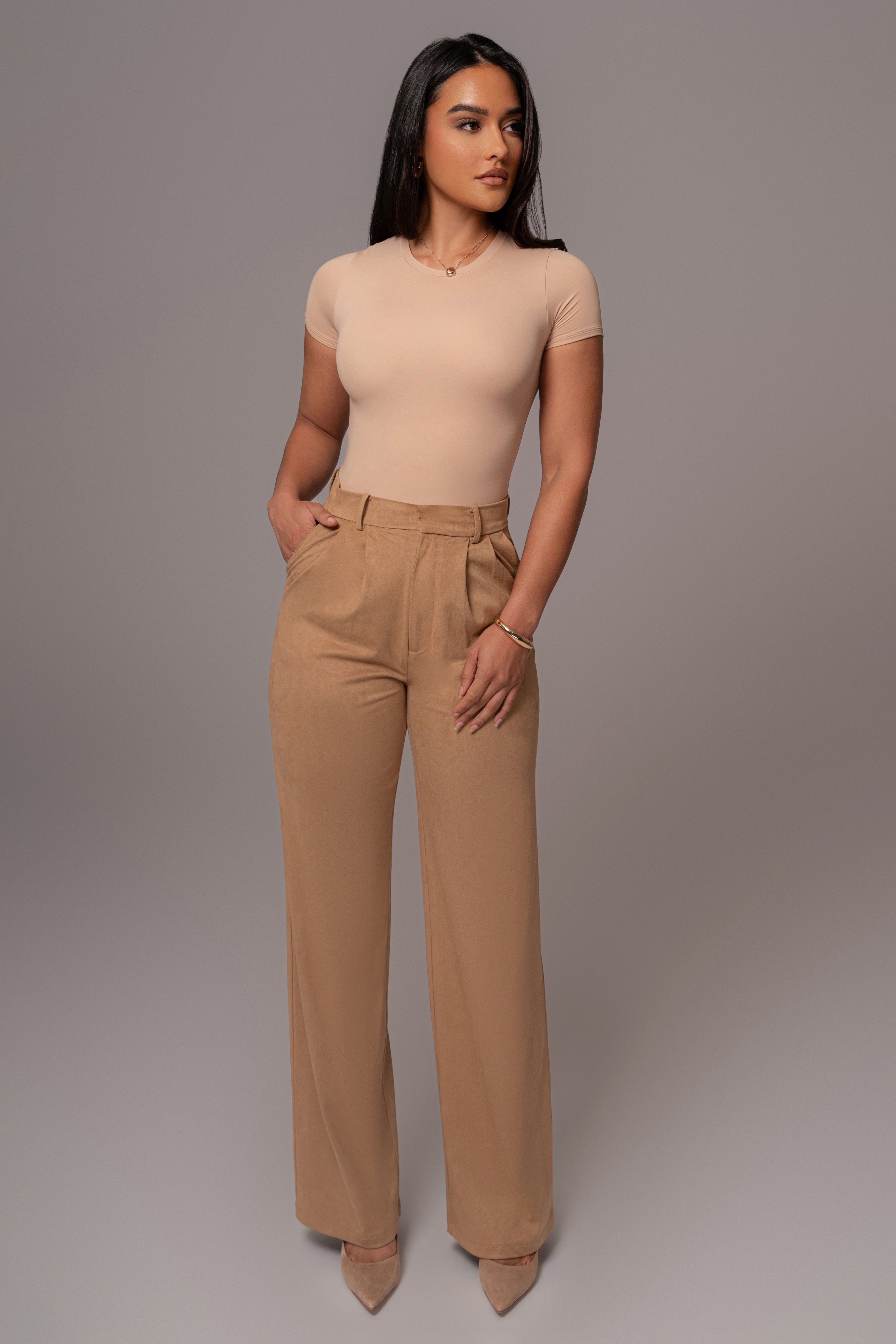 Beige Classic High Rise Trousers - JLUXLABEL