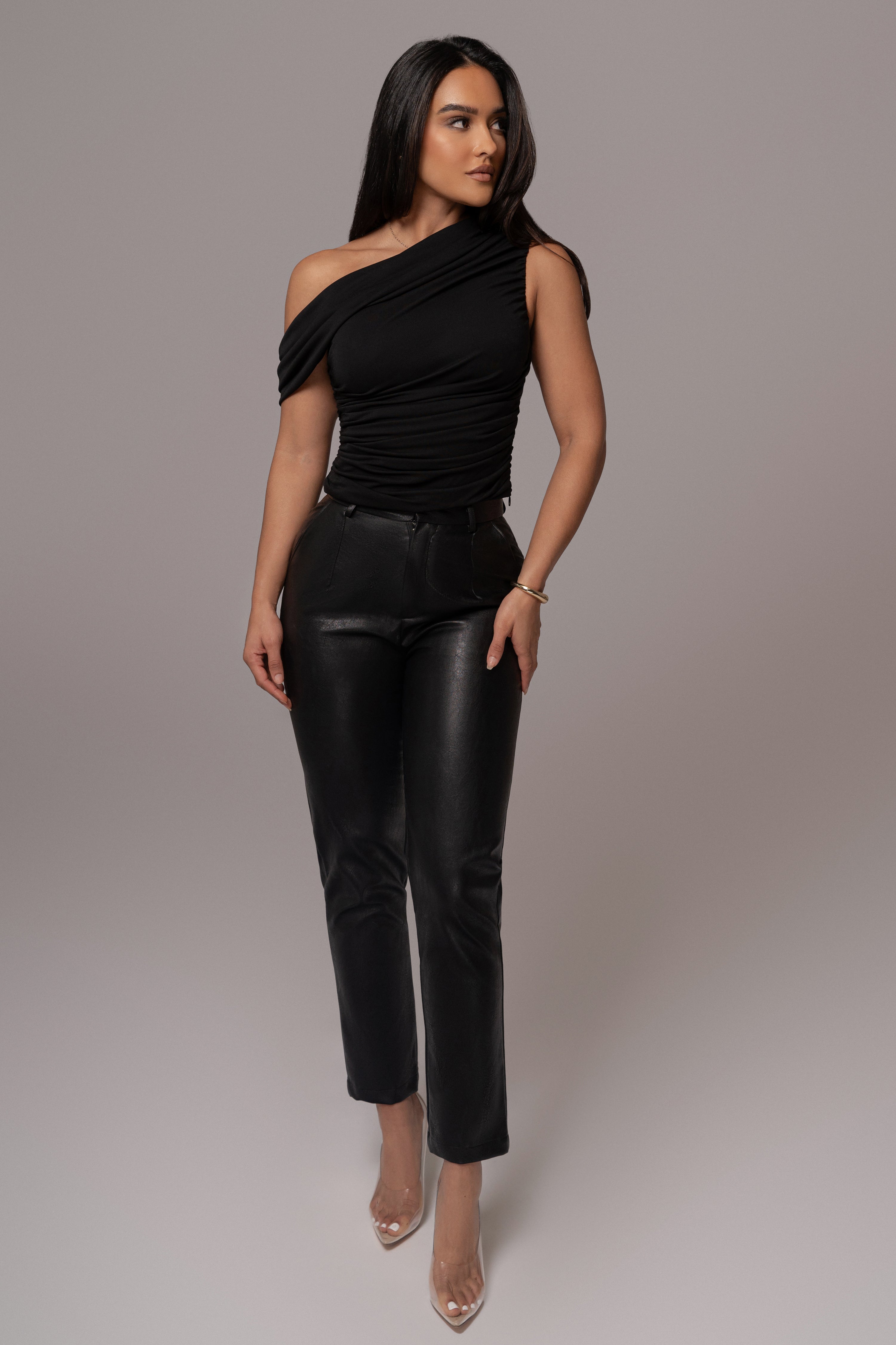 Black Asymmetric Draped Roselyn Top - JLUXLABEL