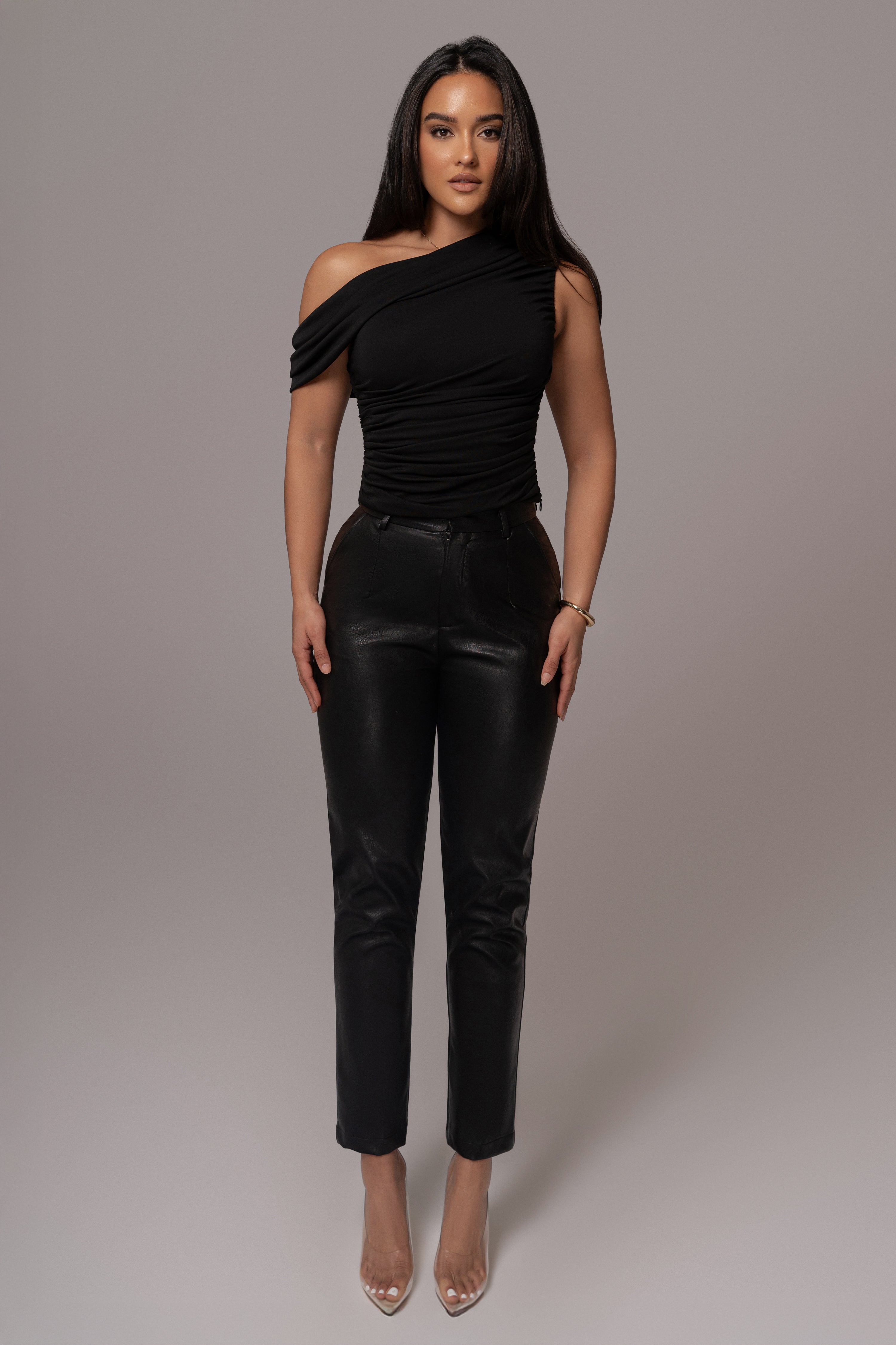Black Asymmetric Draped Roselyn Top - JLUXLABEL