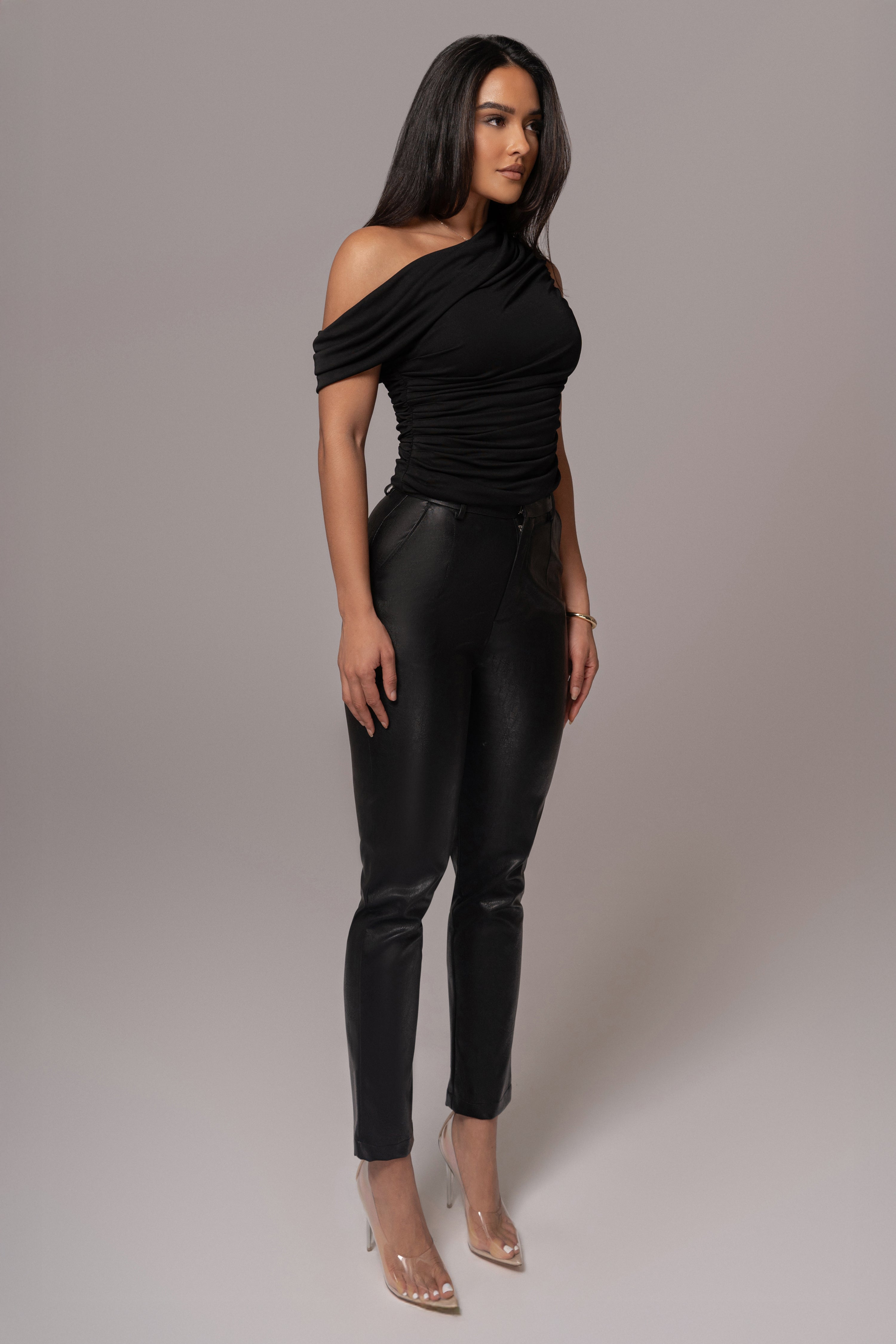 Black Asymmetric Draped Roselyn Top - JLUXLABEL