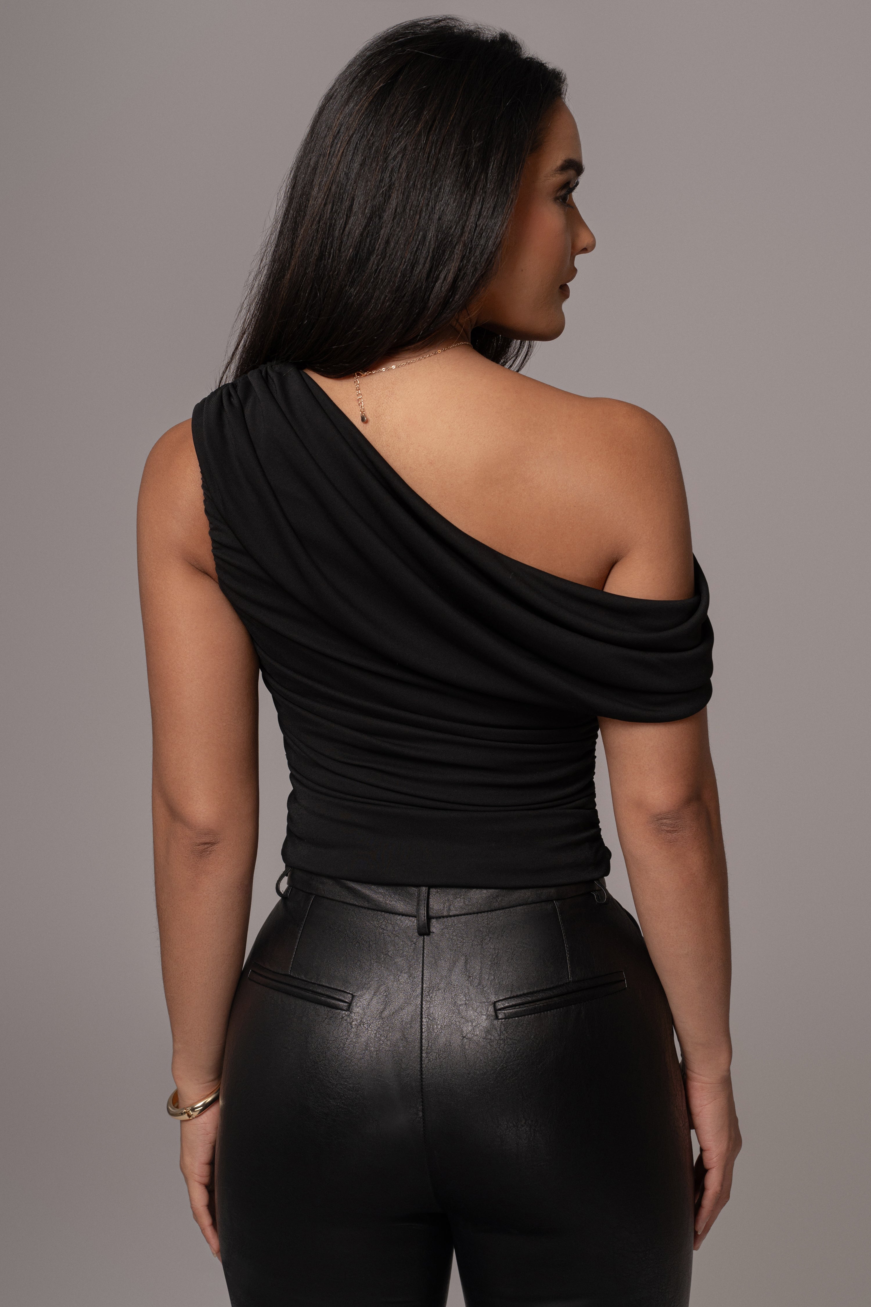 Black Asymmetric Draped Roselyn Top - JLUXLABEL