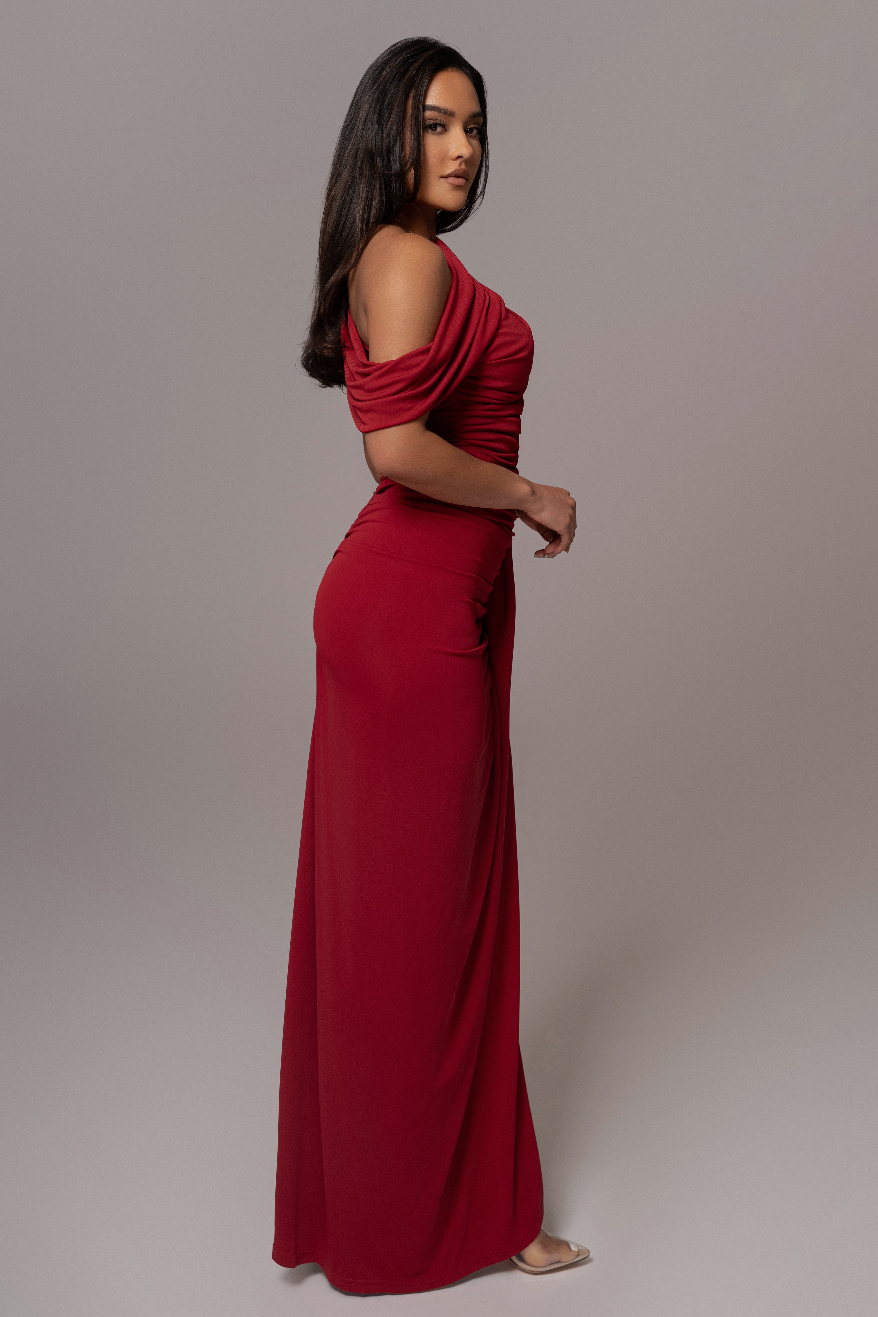 Red Asymmetric Draped Roselyn Top - JLUXLABEL