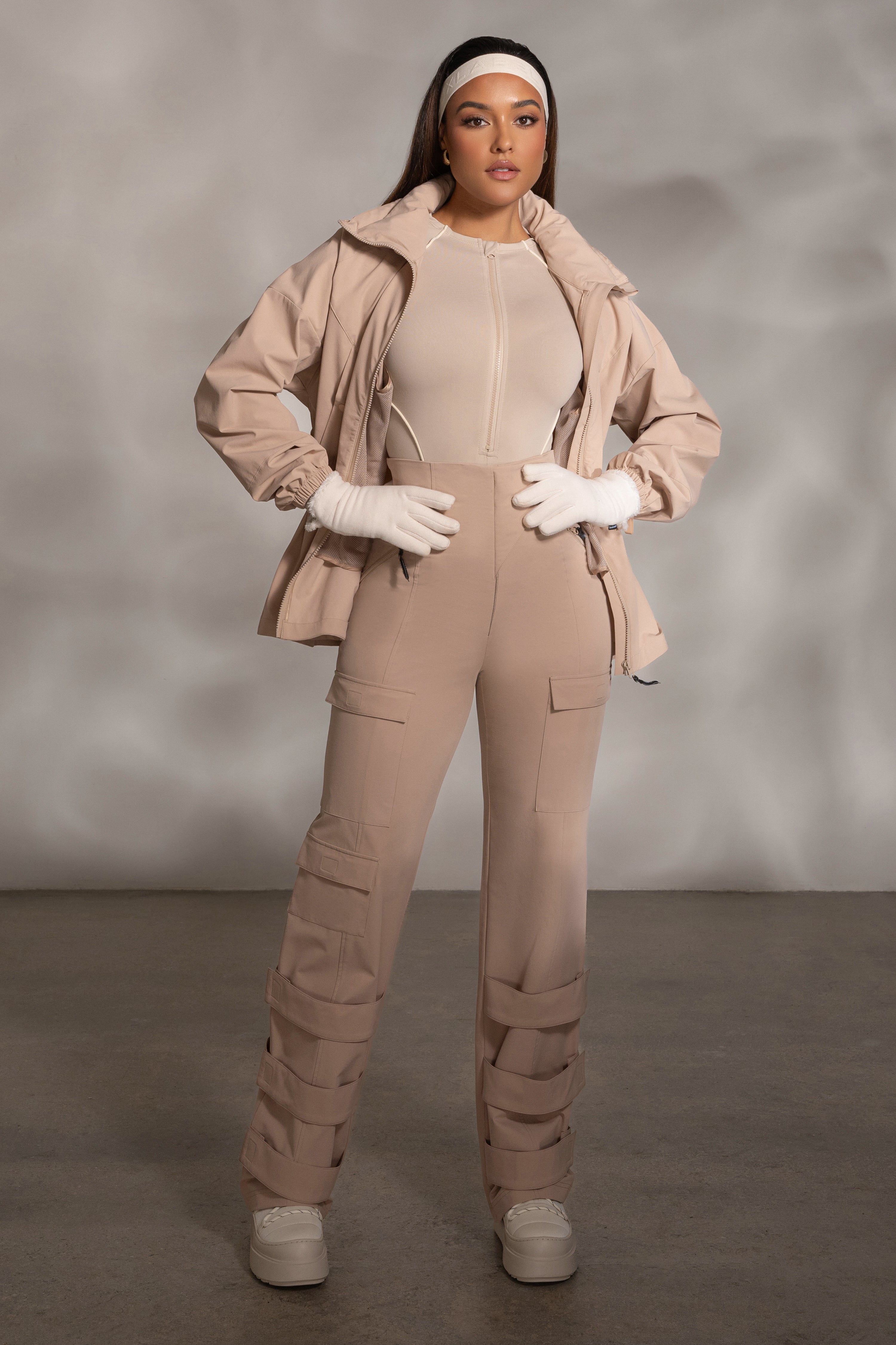 Beige Rise Up Zip Front Bodysuit - JLUXLABEL