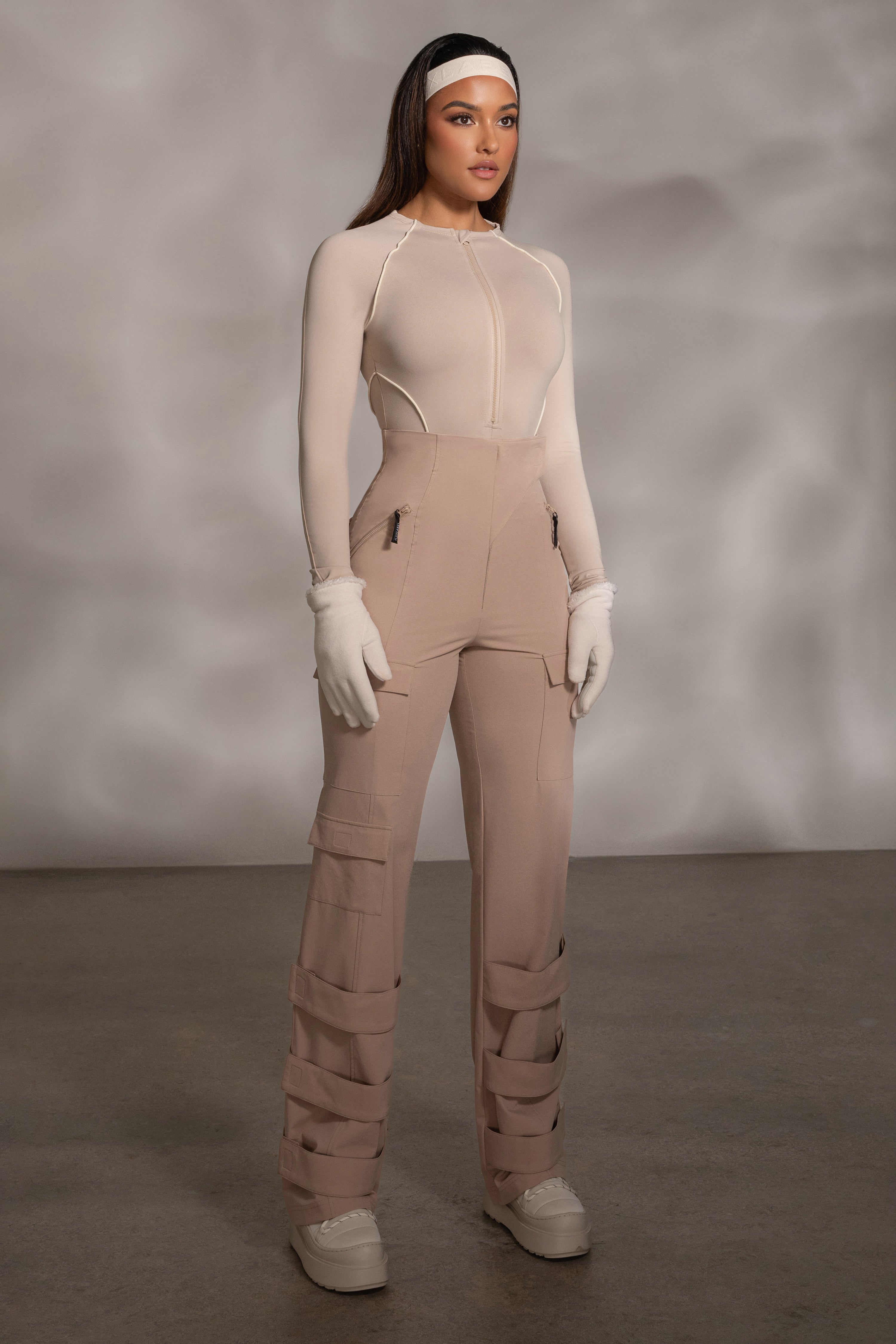 Beige Rise Up Zip Front Bodysuit - JLUXLABEL