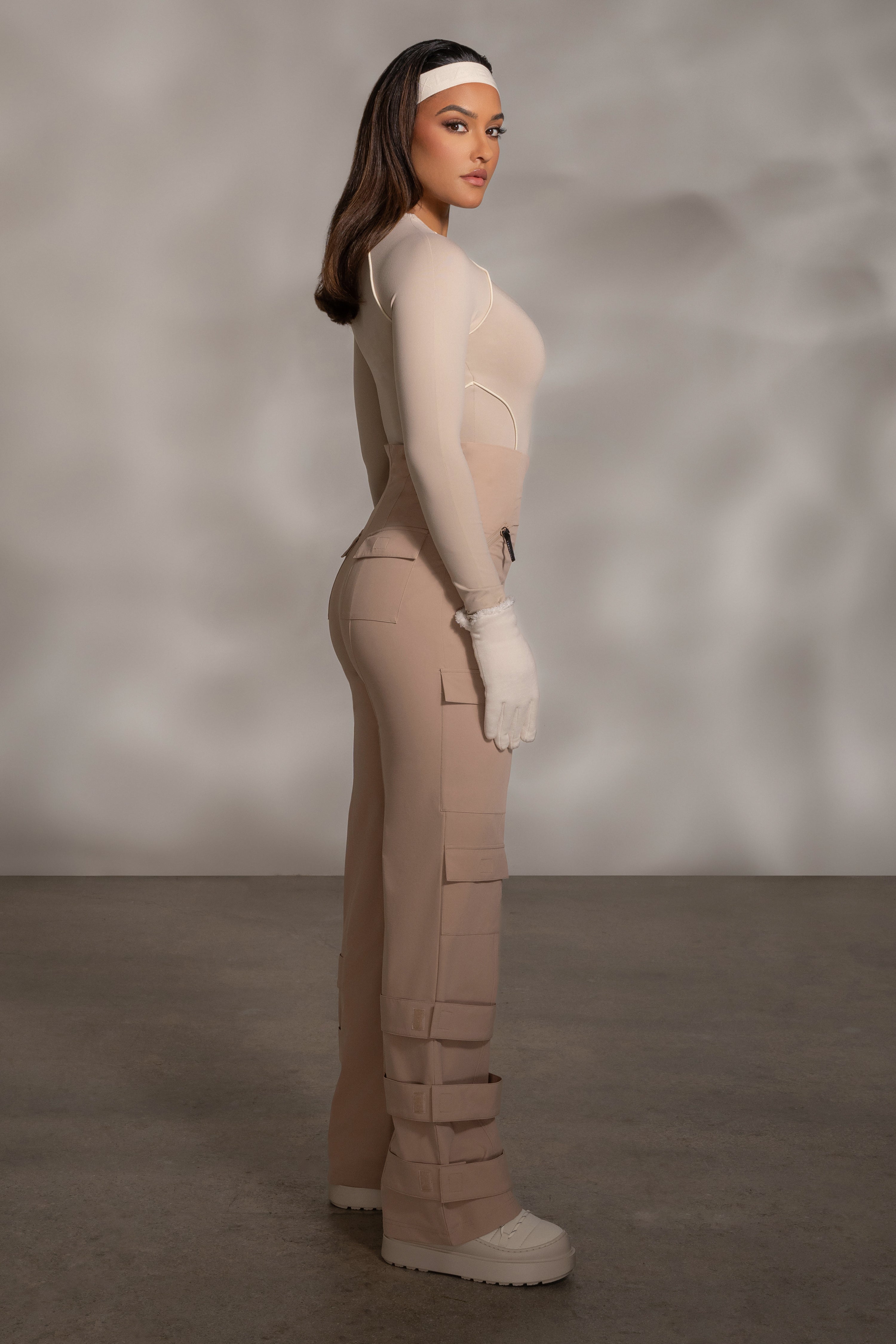 Beige Rise Up Zip Front Bodysuit - JLUXLABEL