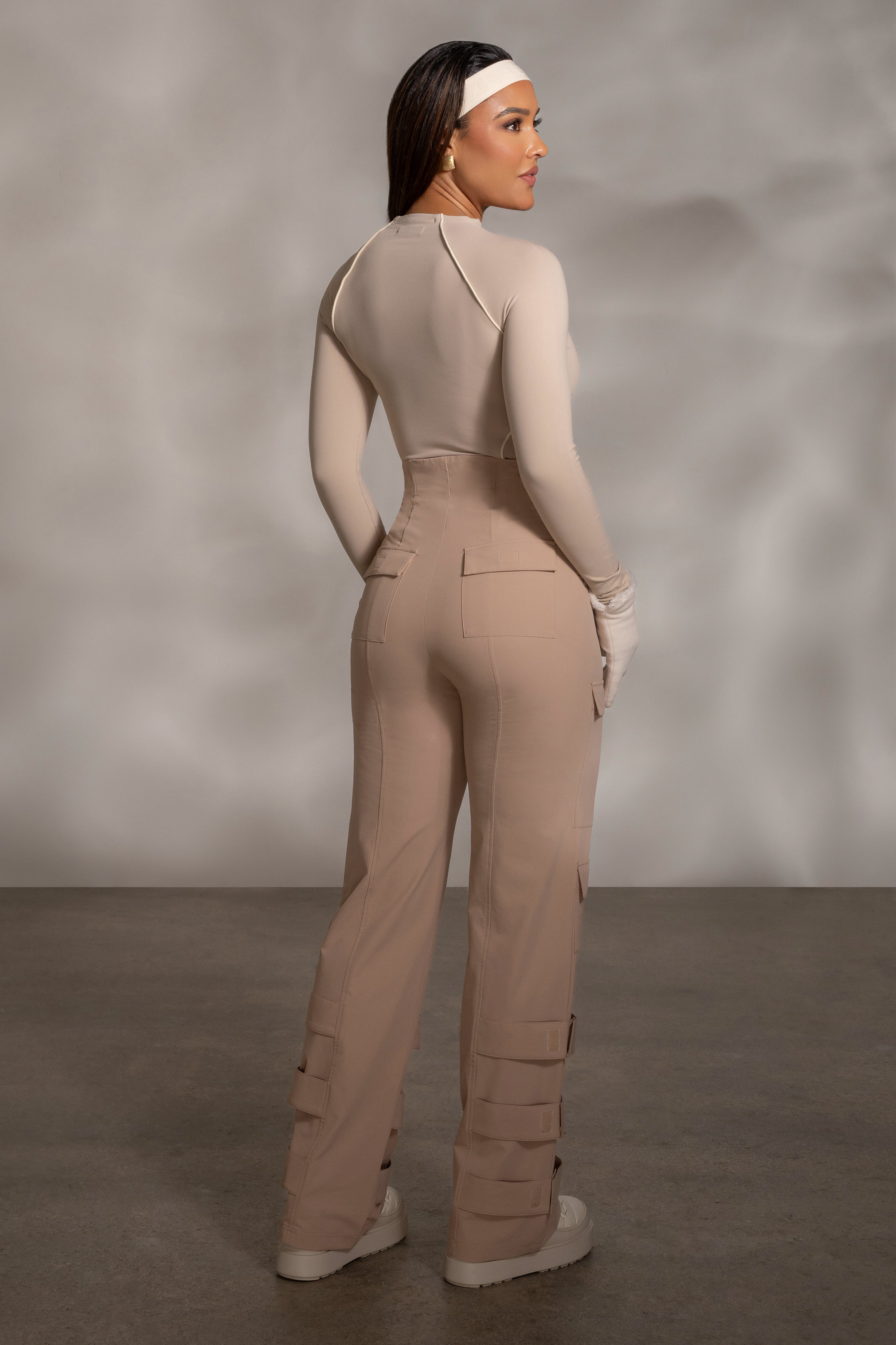 Beige Rise Up Zip Front Bodysuit - JLUXLABEL