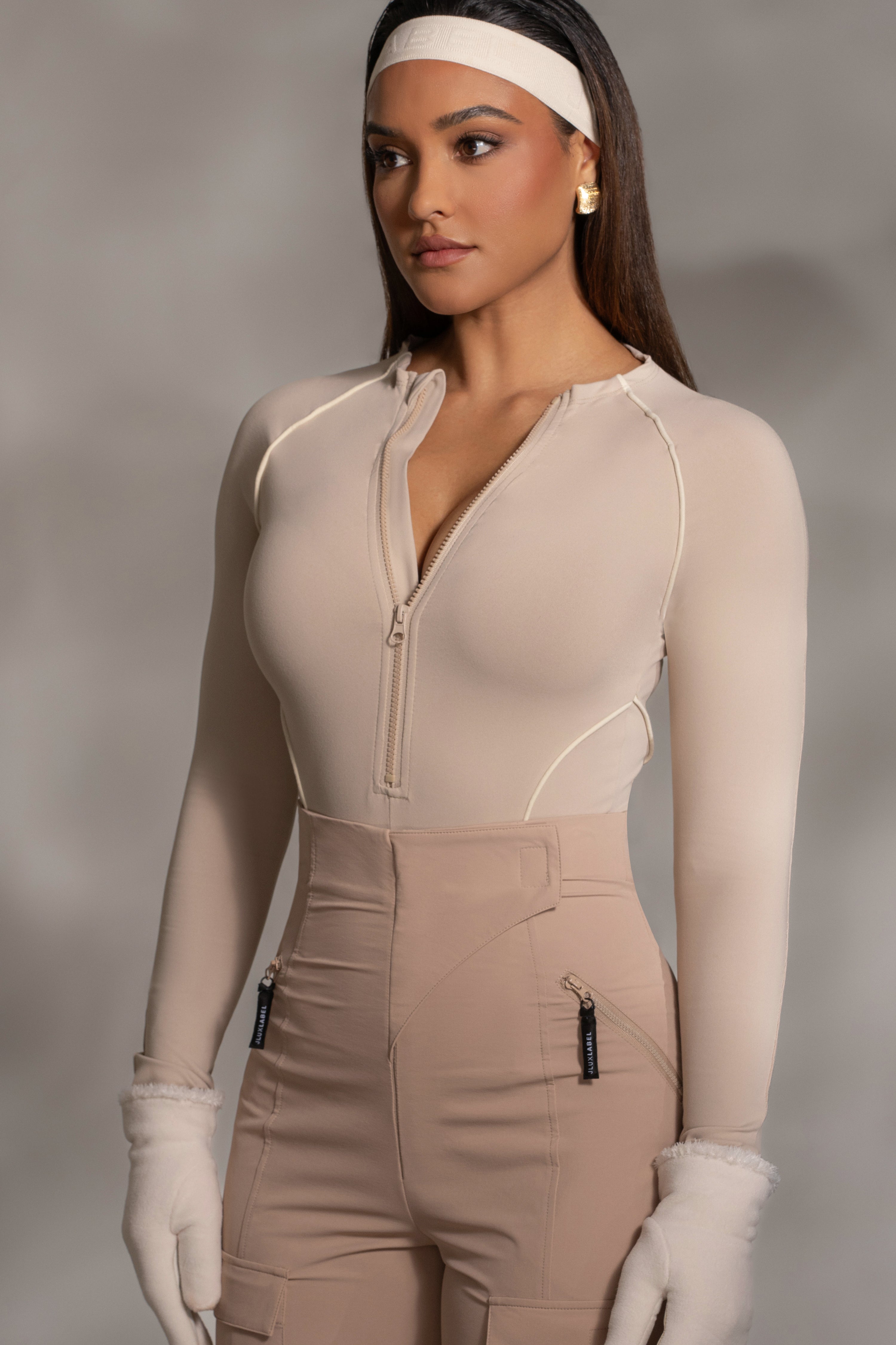 Beige Rise Up Zip Front Bodysuit - JLUXLABEL