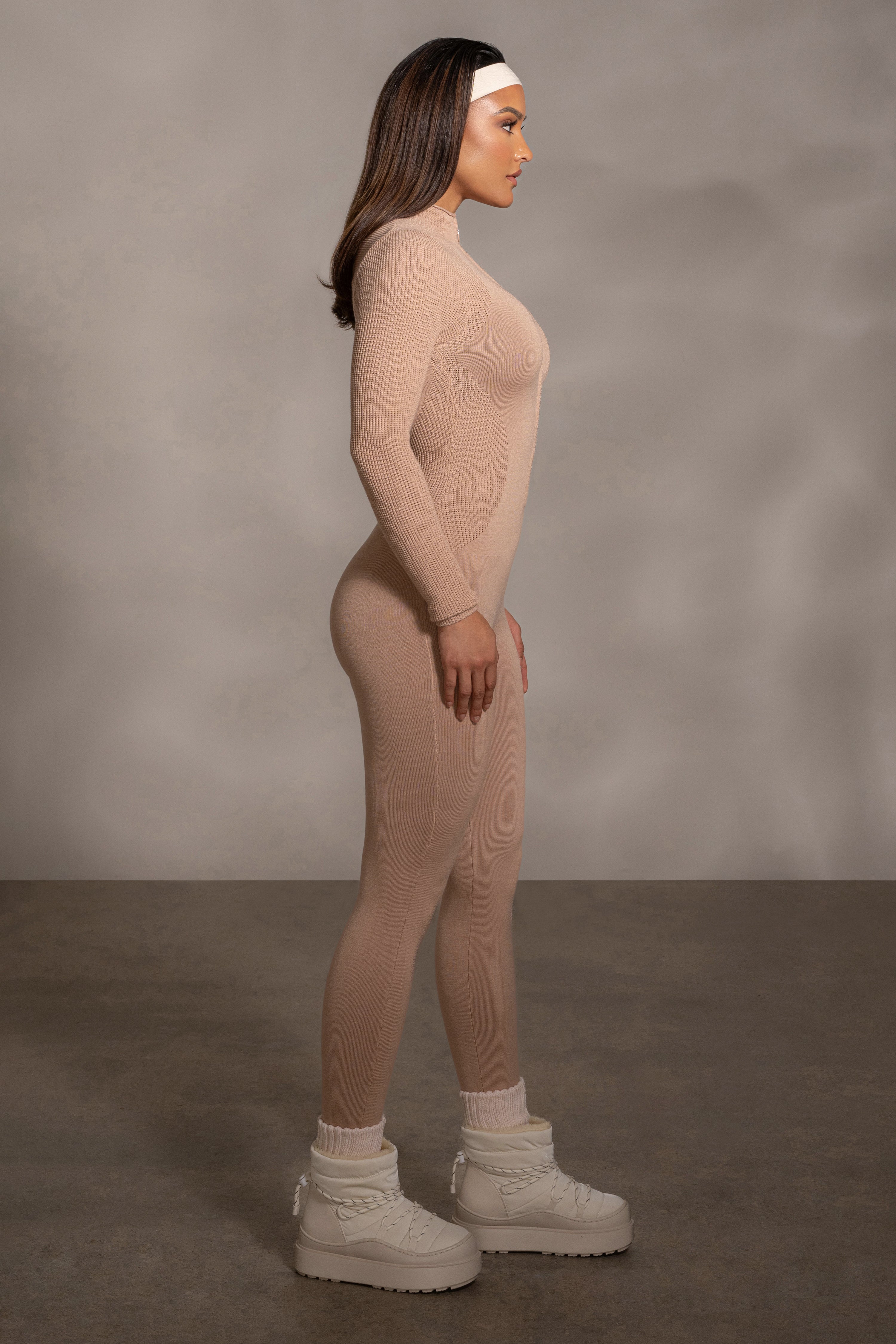 Beige Kris Front Zipper Jumpsuit - JLUXLABEL