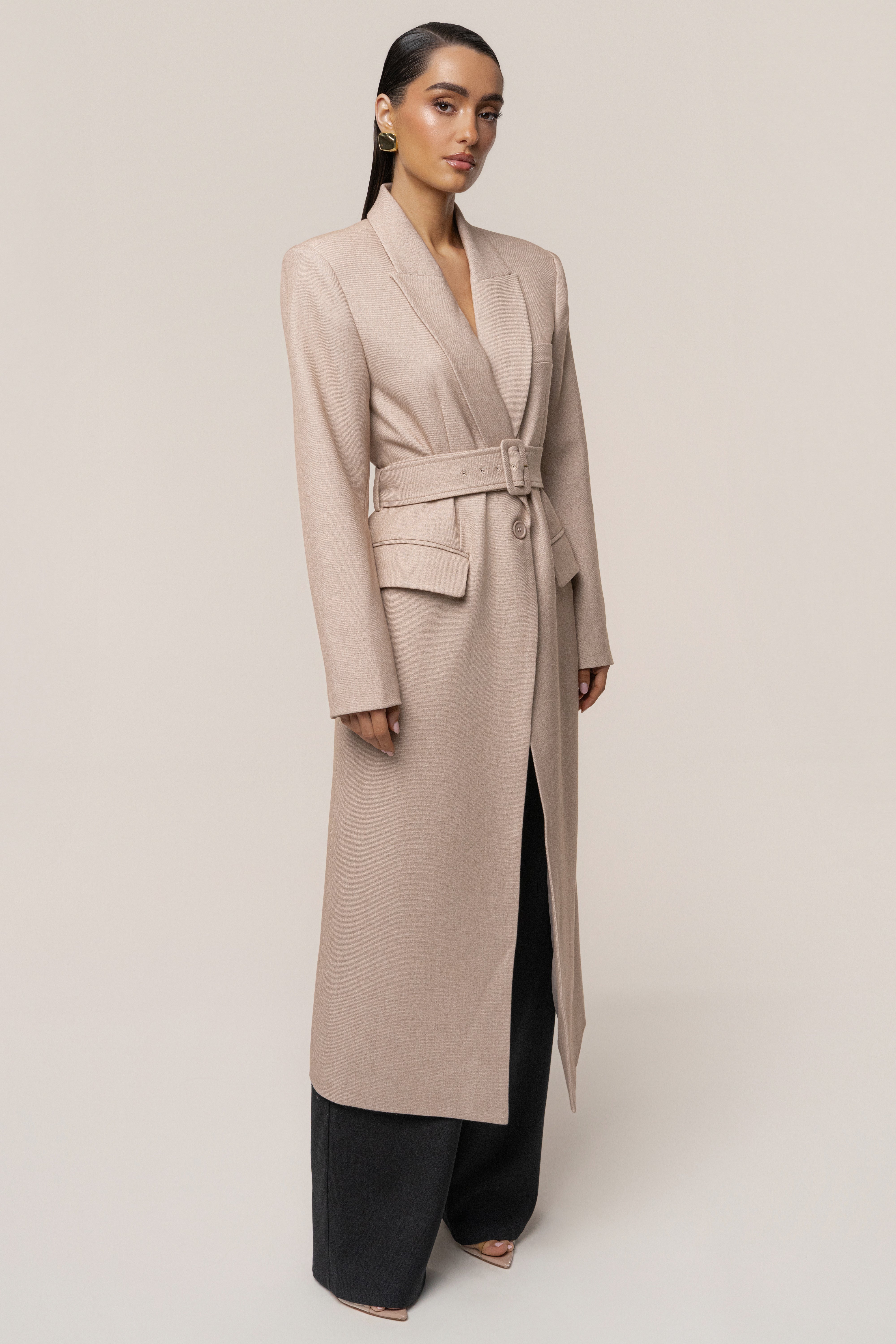 Beige Longline Tailored Coat - JLUXLABEL
