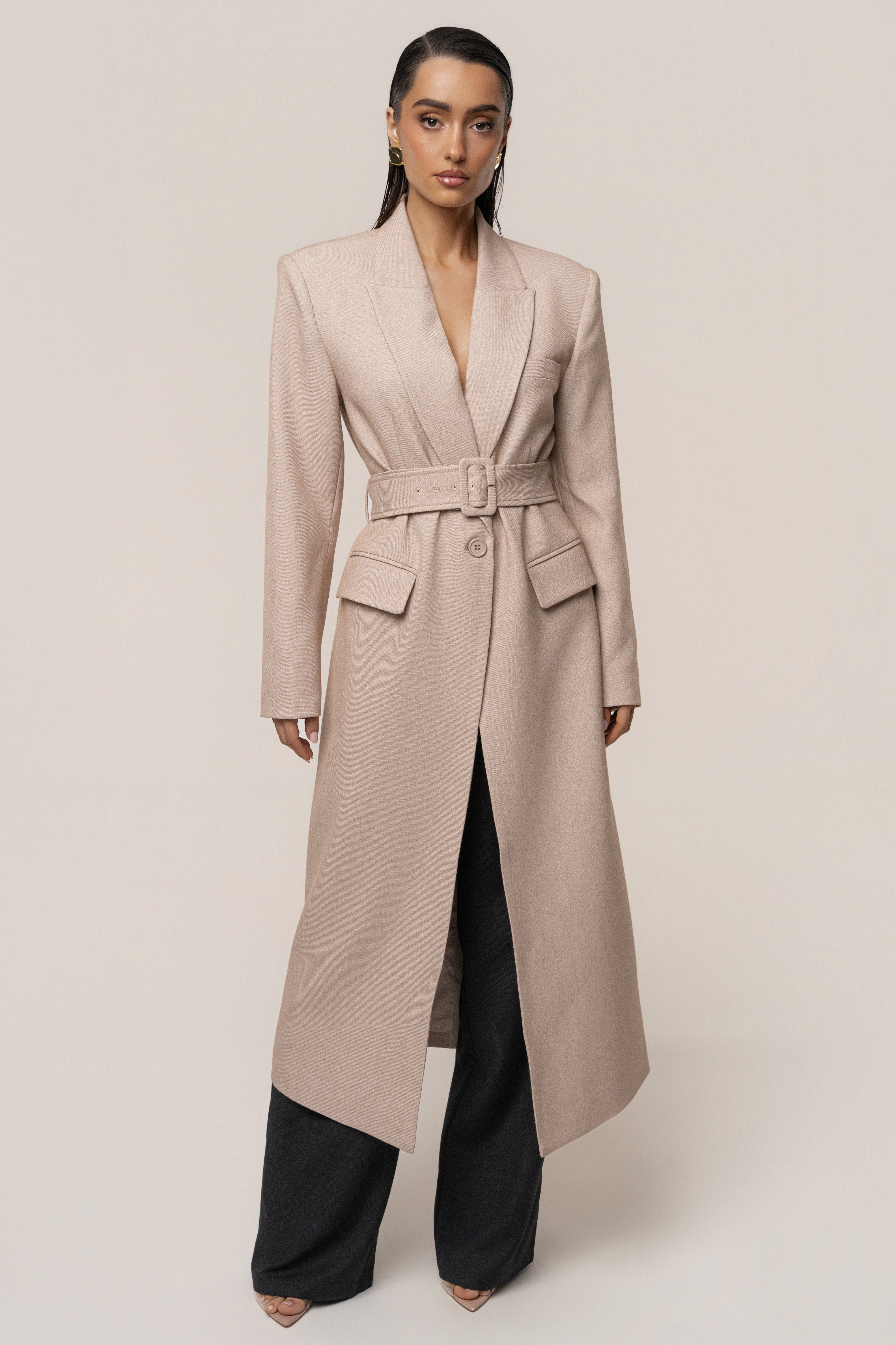Beige Longline Tailored Coat - JLUXLABEL