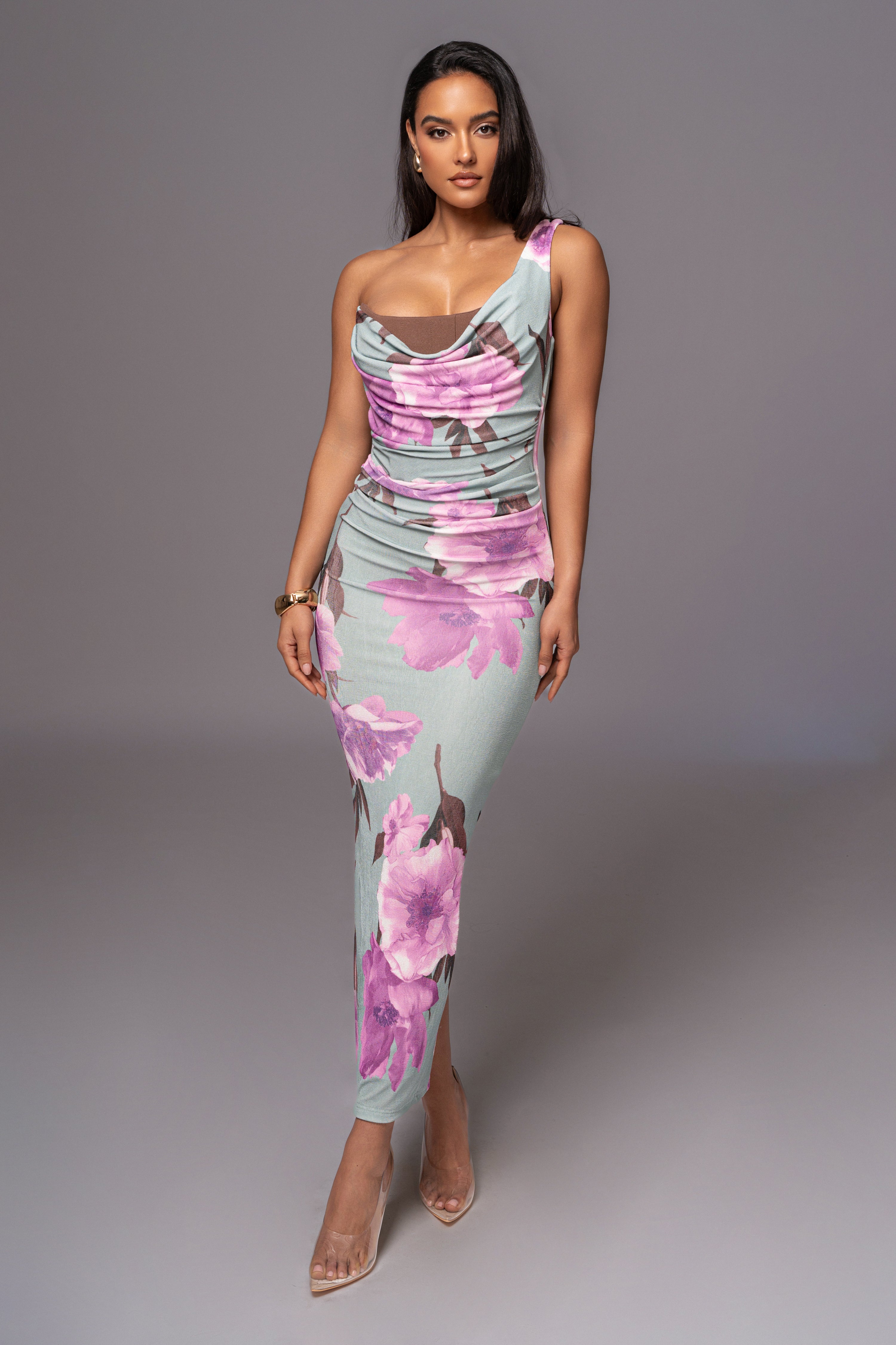 Sage Floral Georgiana One Shoulder Maxi Dress - JLUXLABEL