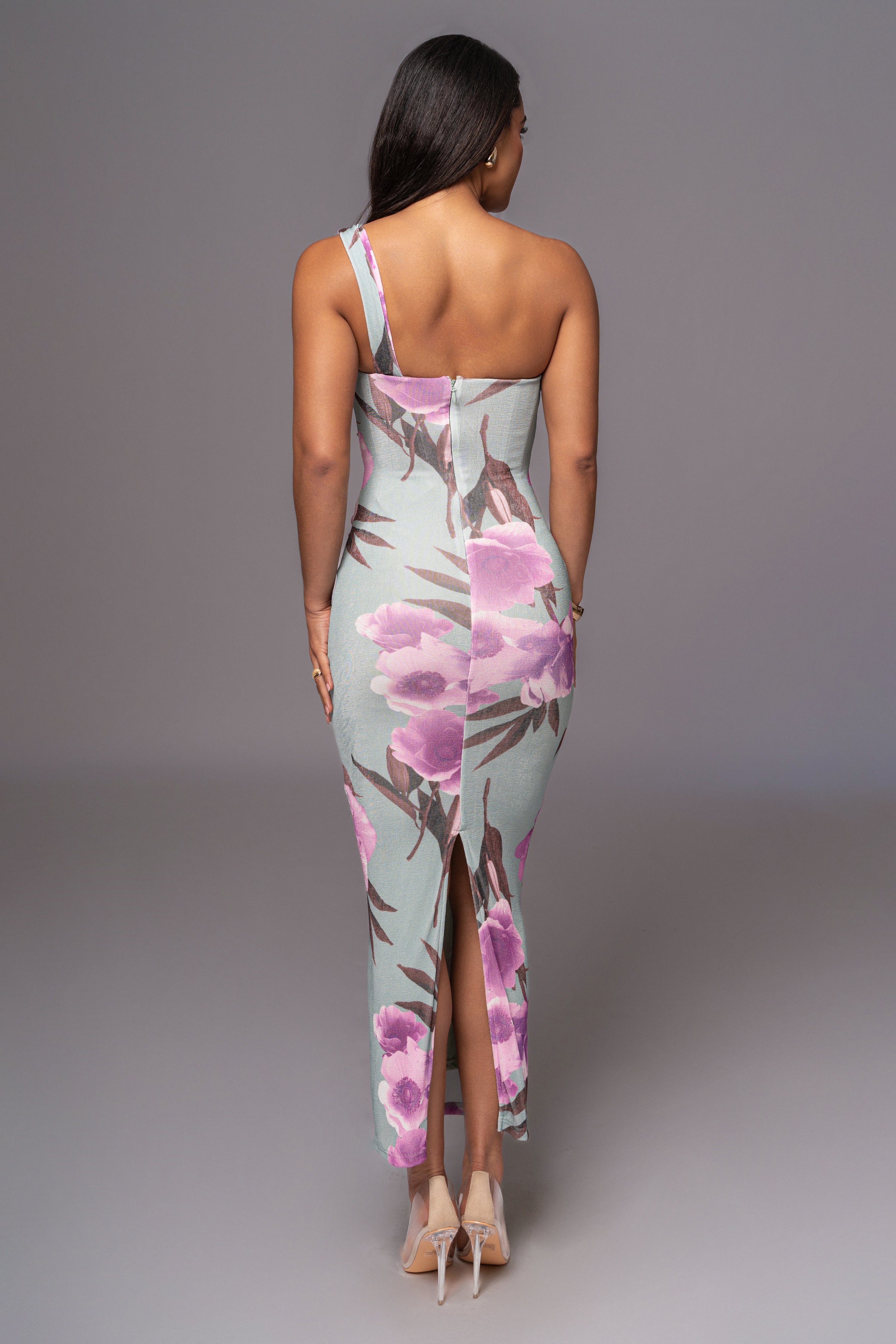 Sage Floral Georgiana One Shoulder Maxi Dress - JLUXLABEL