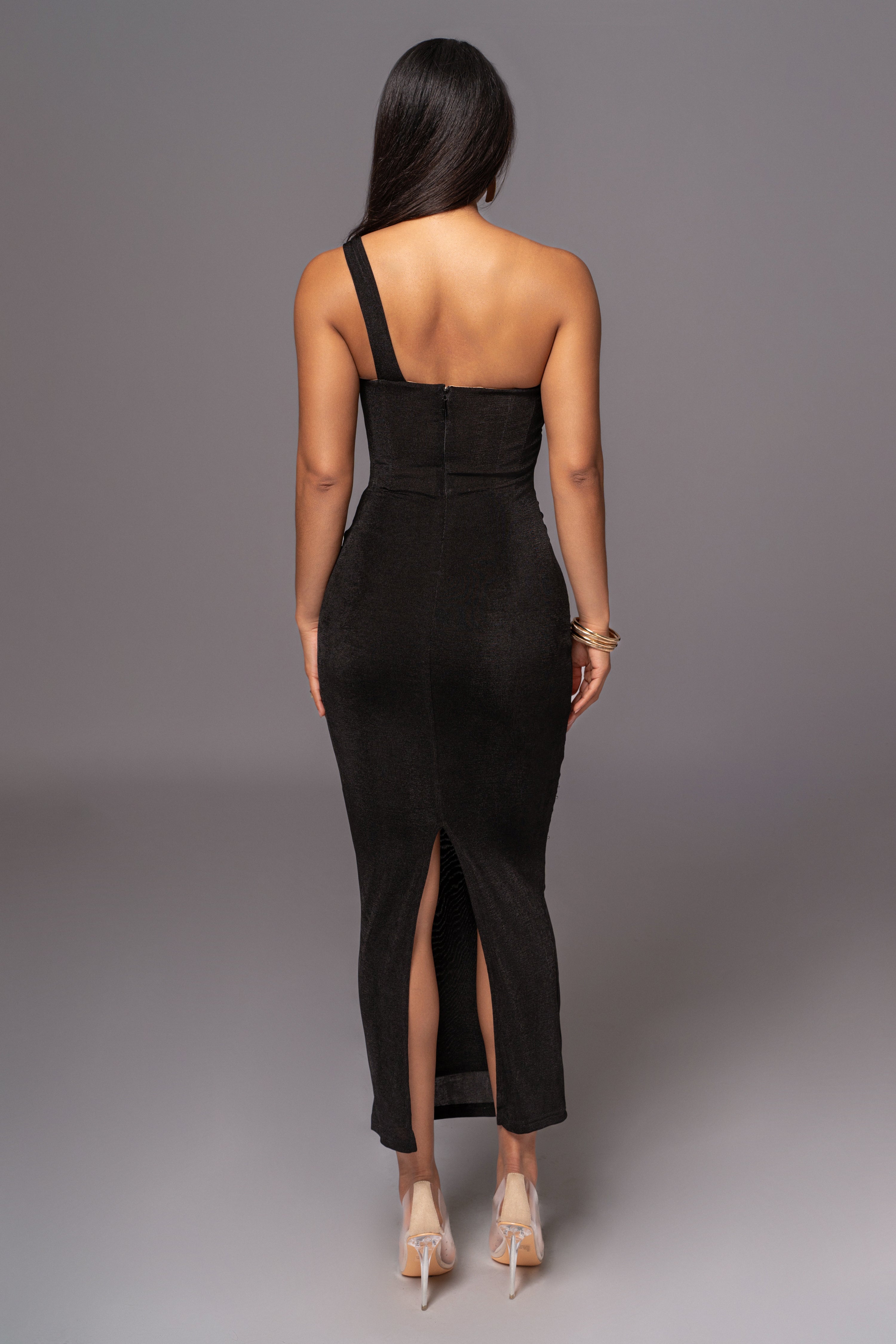 Black Slinky Krishna One Shoulder Maxi Dress - JLUXLABEL