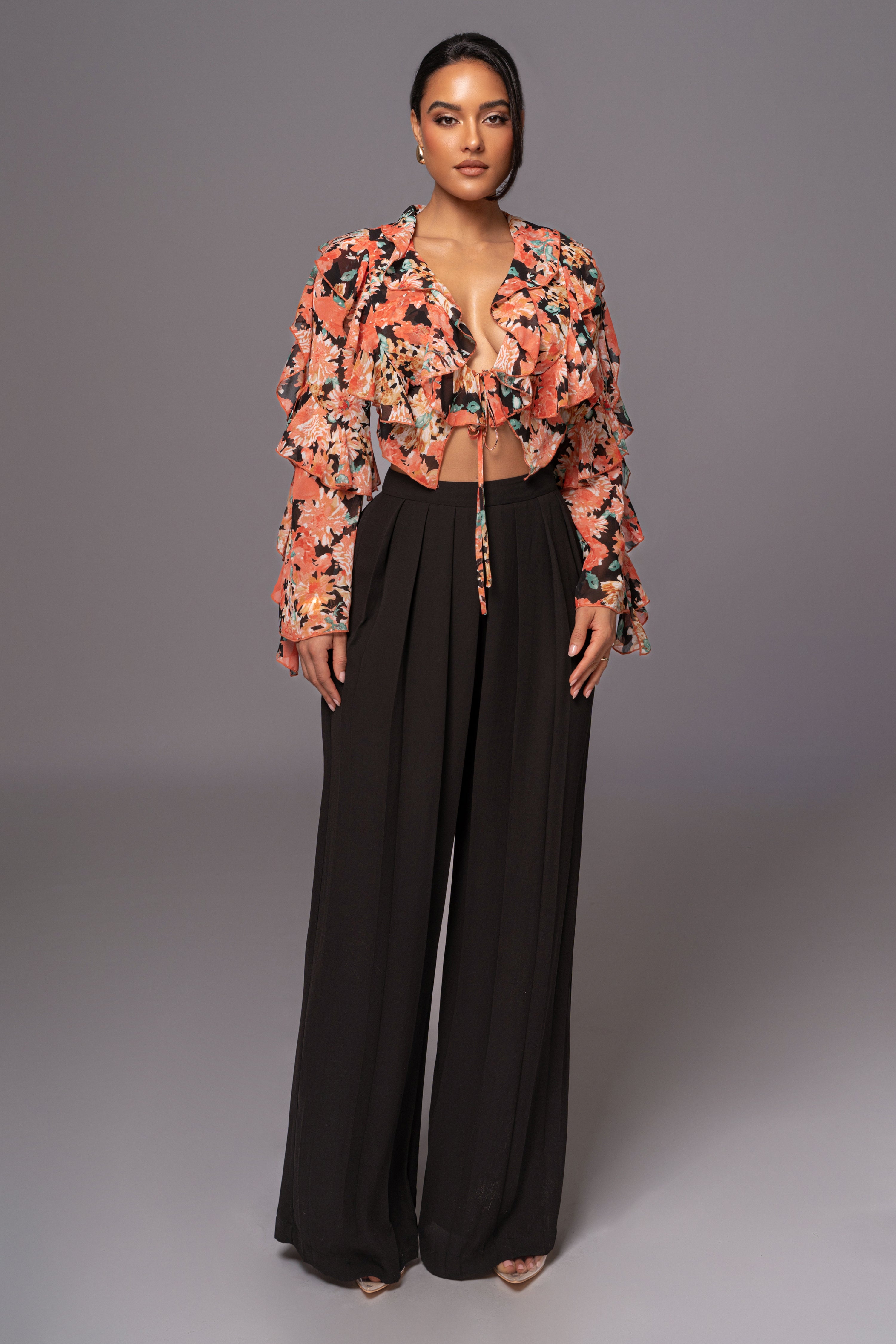 Black Floral Yvanna Ruffle Top - JLUXLABEL