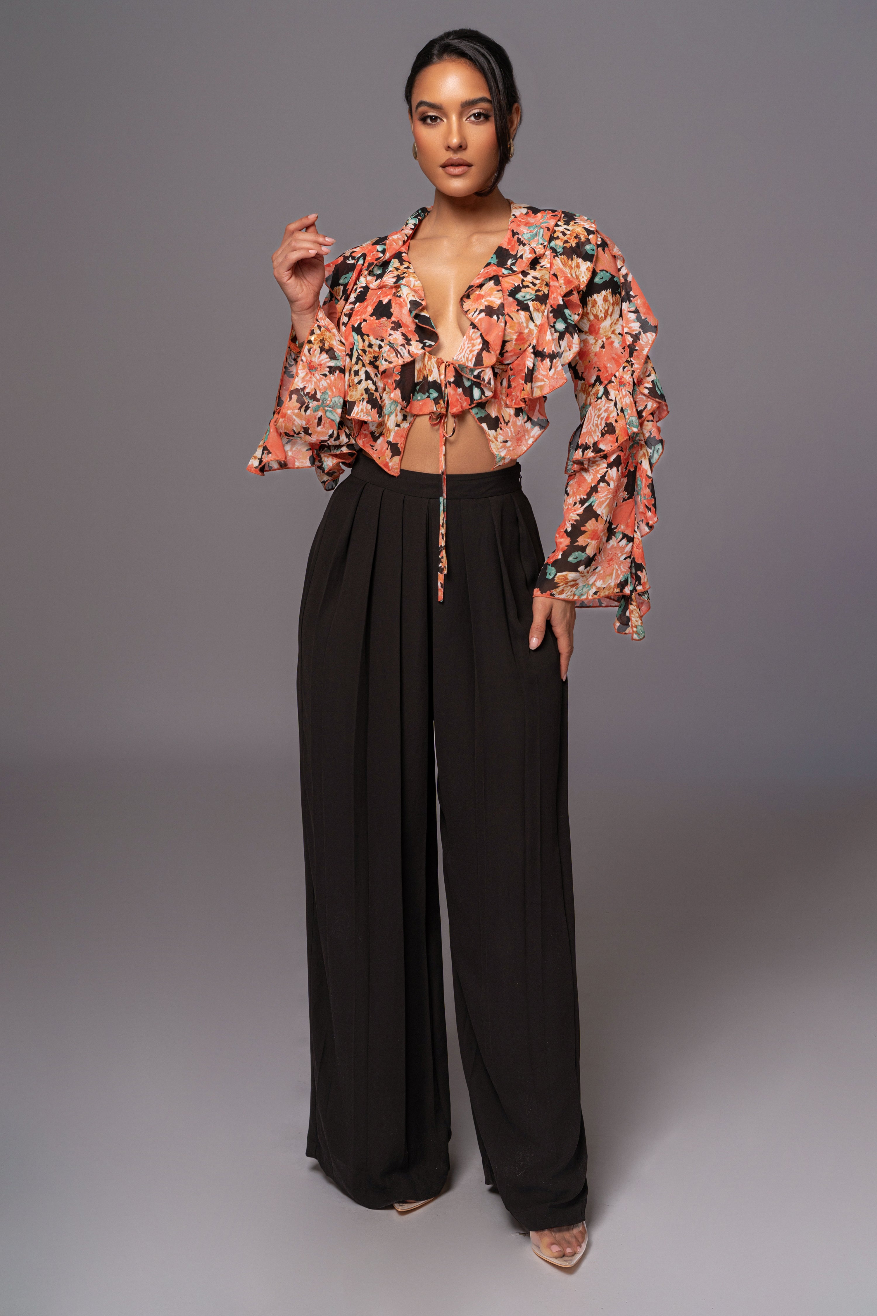 Black Floral Yvanna Ruffle Top - JLUXLABEL