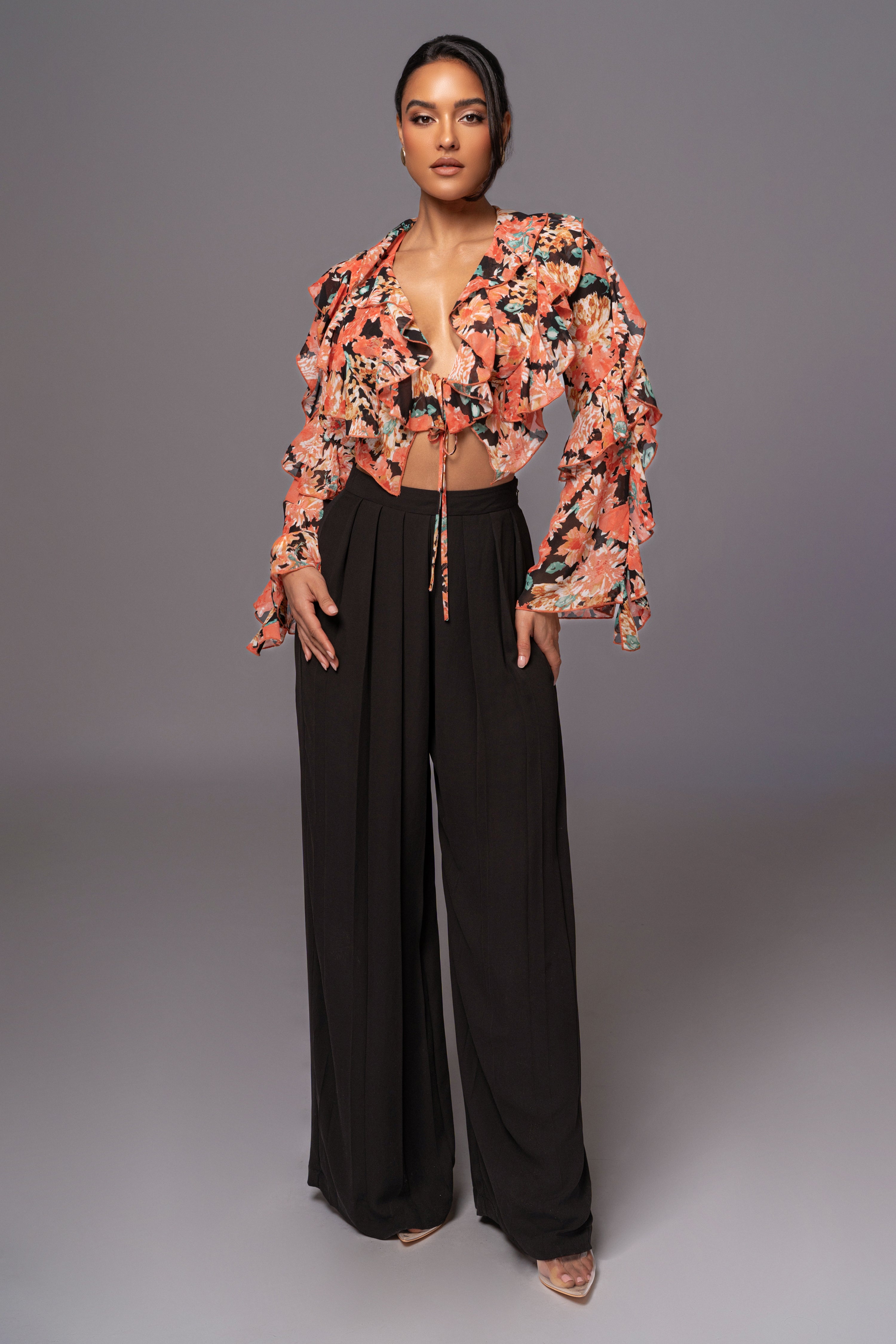 Black Floral Yvanna Ruffle Top - JLUXLABEL