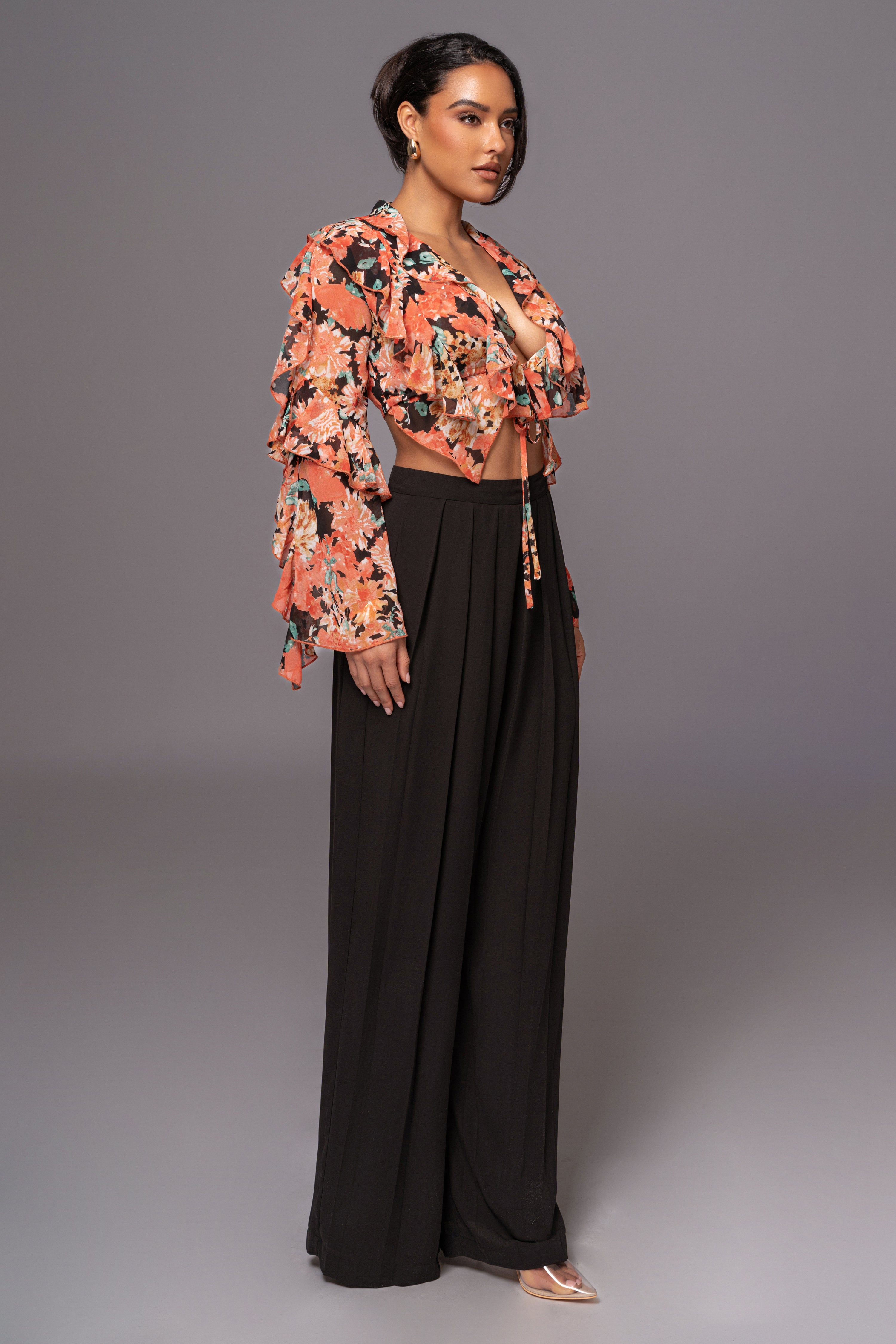 Black Floral Yvanna Ruffle Top - JLUXLABEL