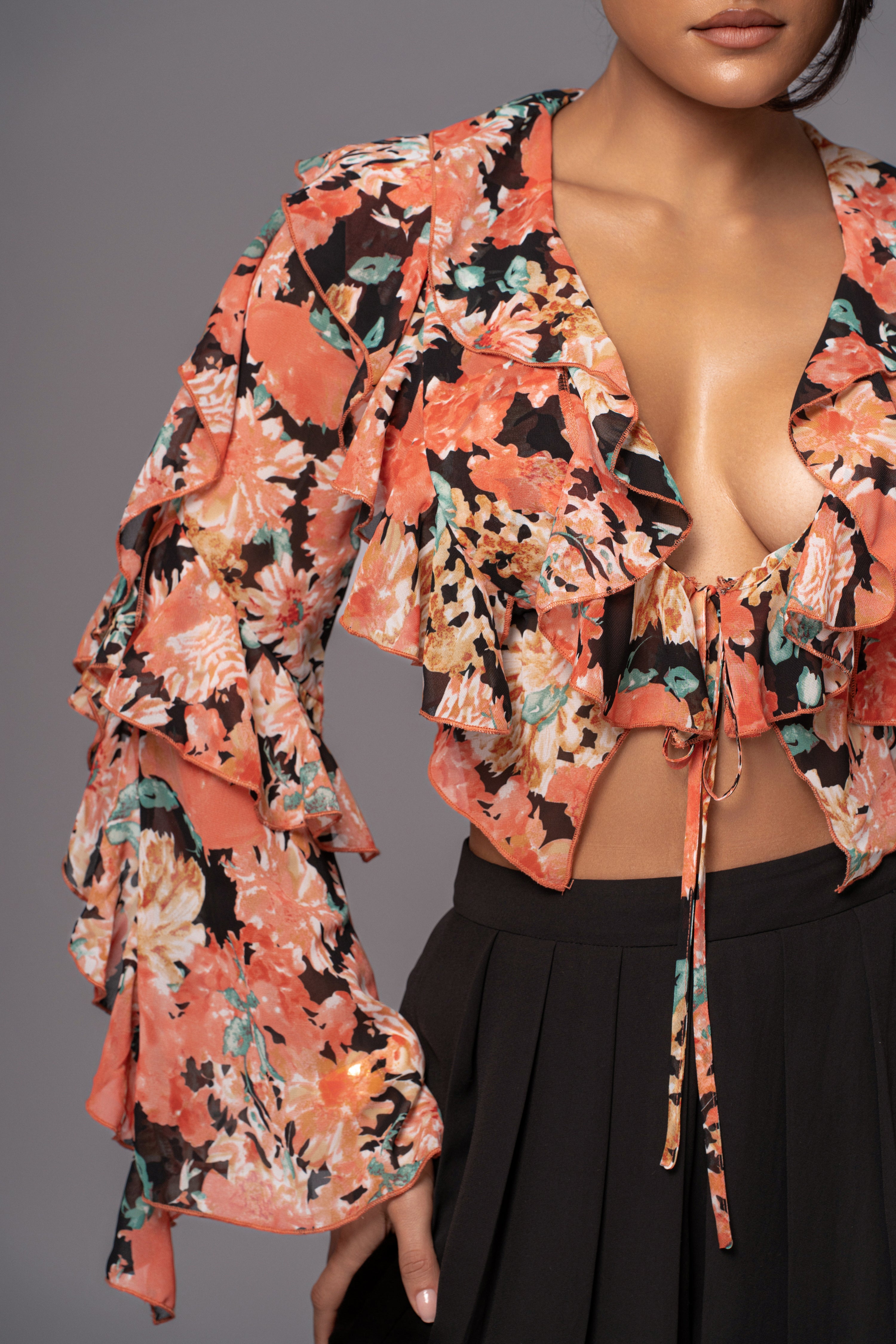 Black Floral Yvanna Ruffle Top - JLUXLABEL