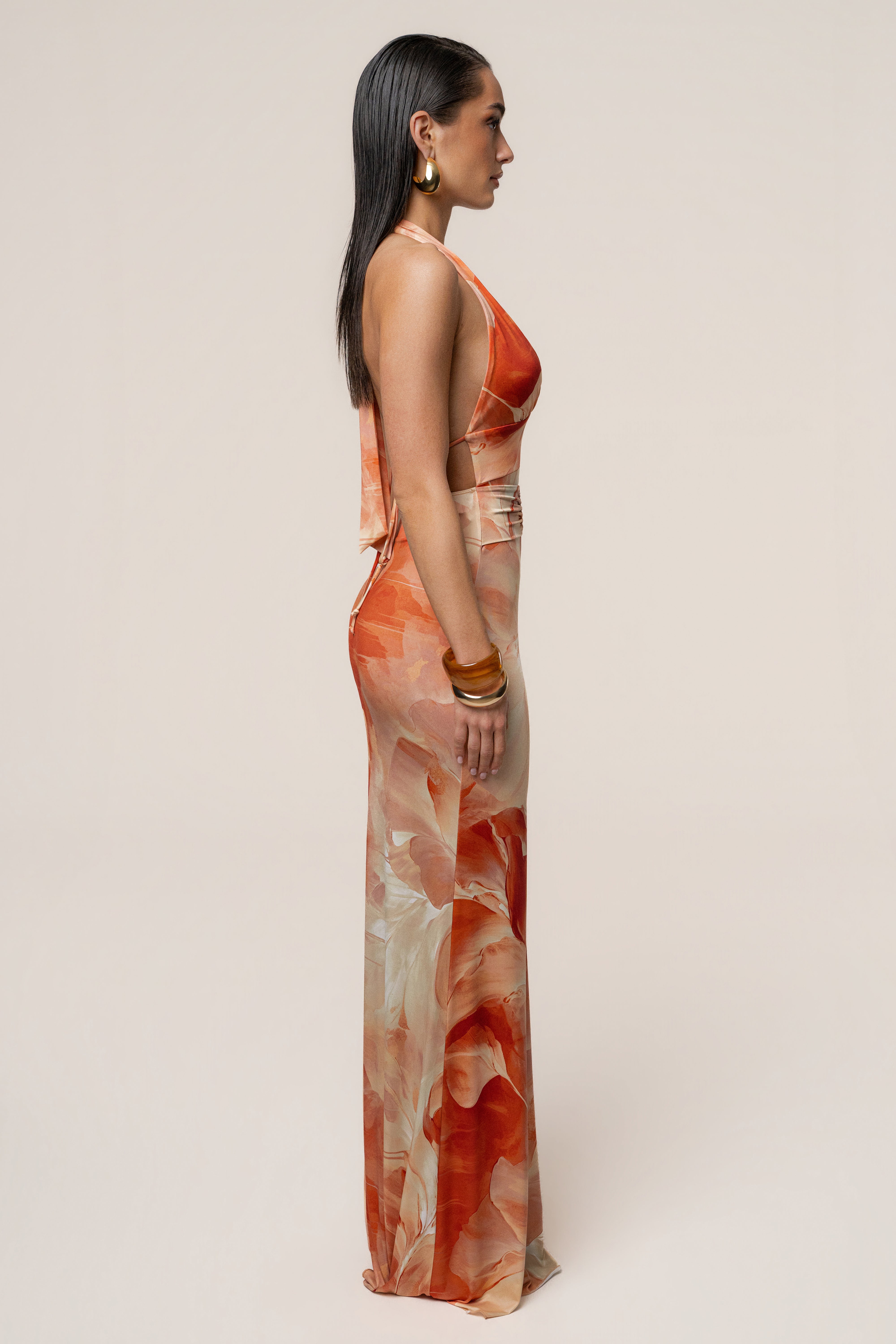Orange Floral Blossom Print Maxi Dress - JLUXLABEL