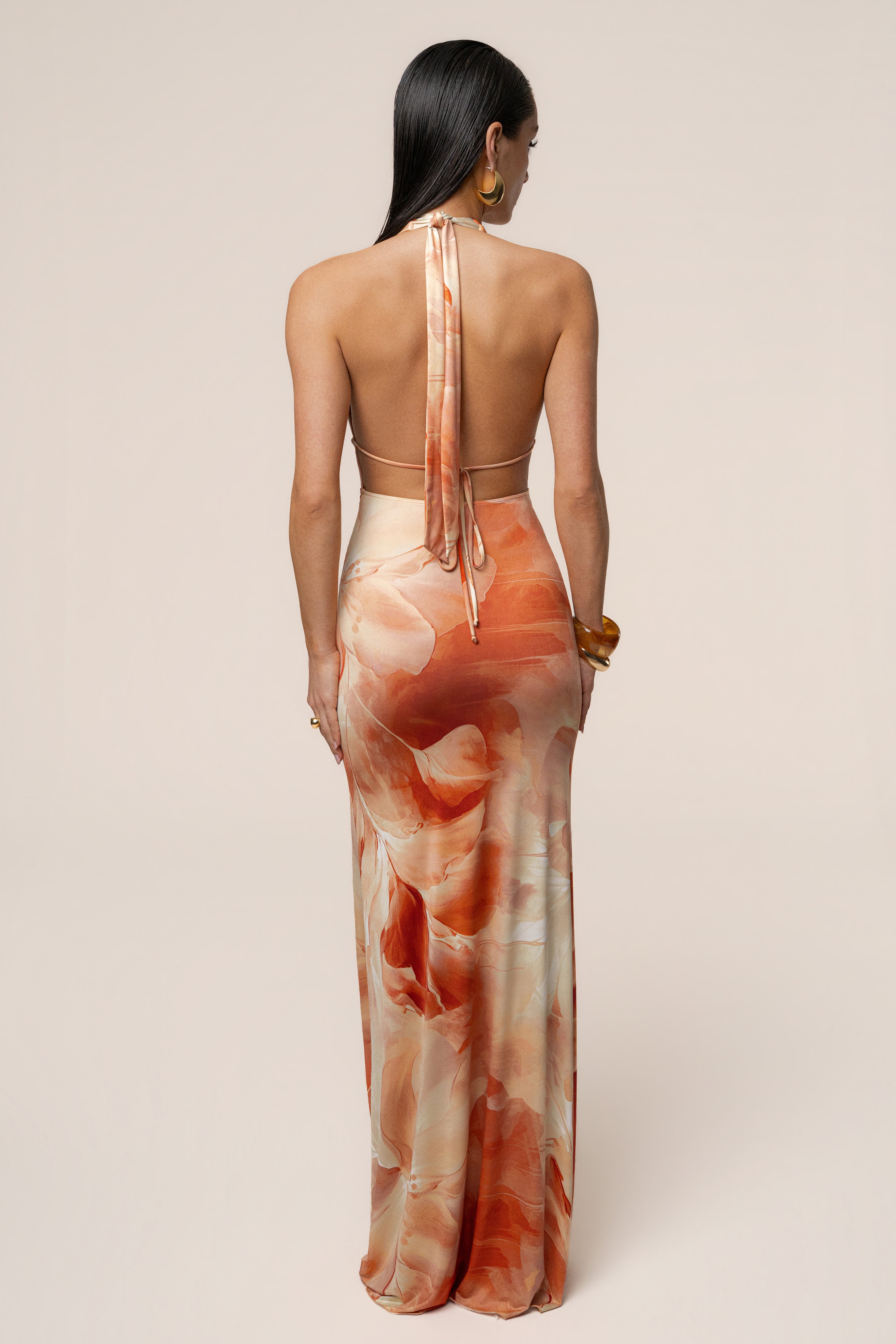 Orange Floral Blossom Print Maxi Dress - JLUXLABEL