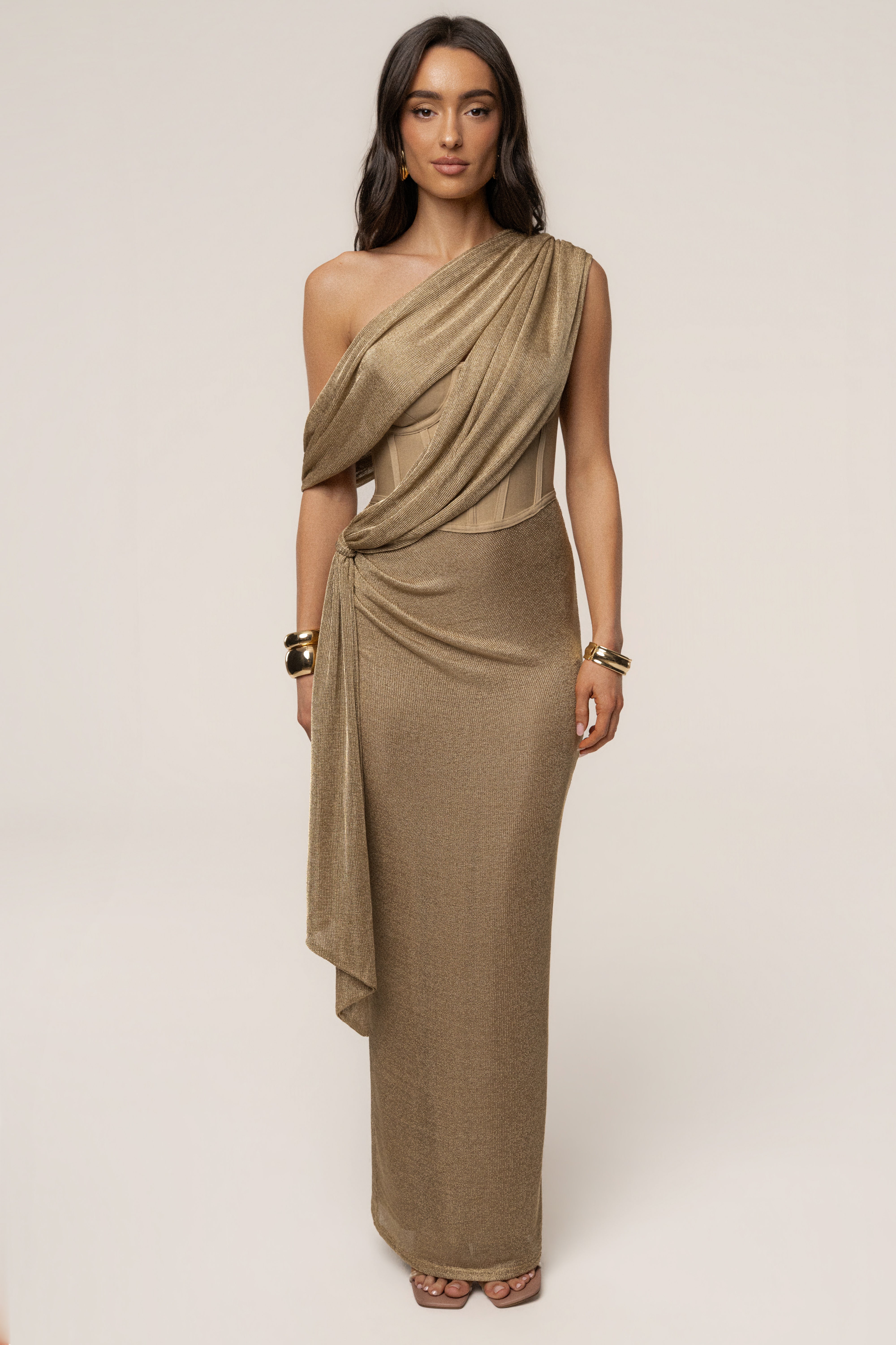Gold Metallic Celestina Draped Maxi Dress - JLUXLABEL