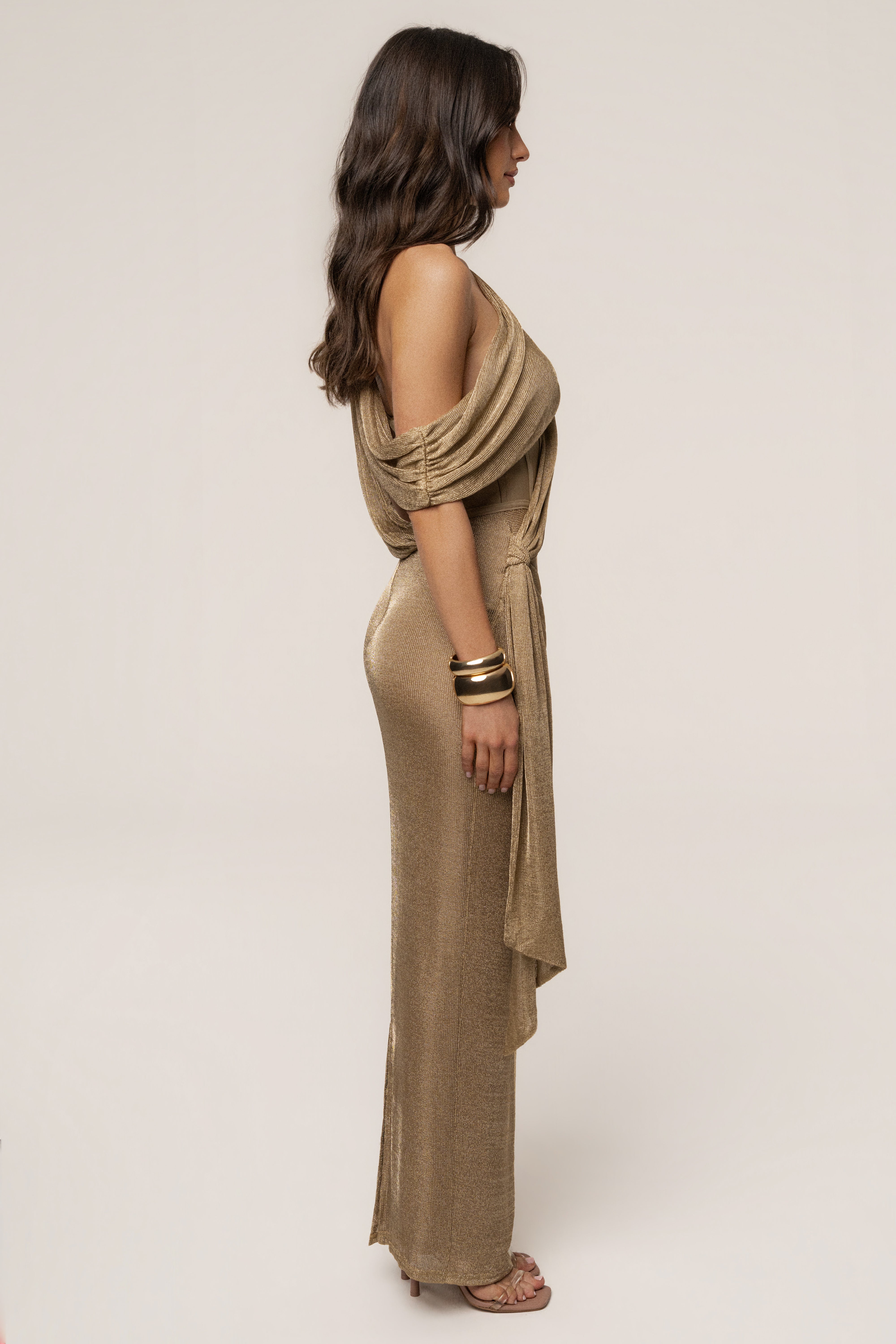 Gold Metallic Celestina Draped Maxi Dress - JLUXLABEL