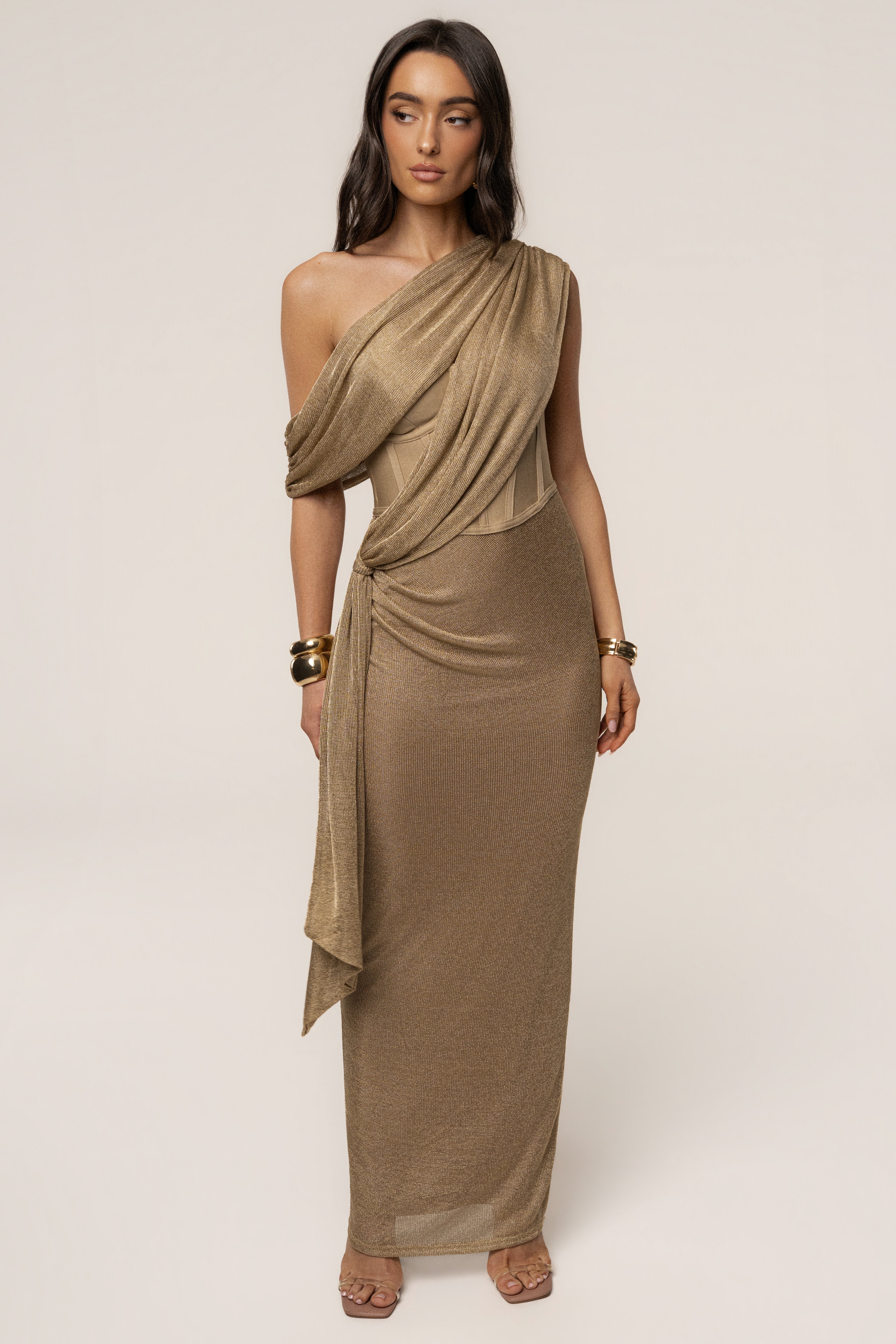 Gold Metallic Celestina Draped Maxi Dress - JLUXLABEL