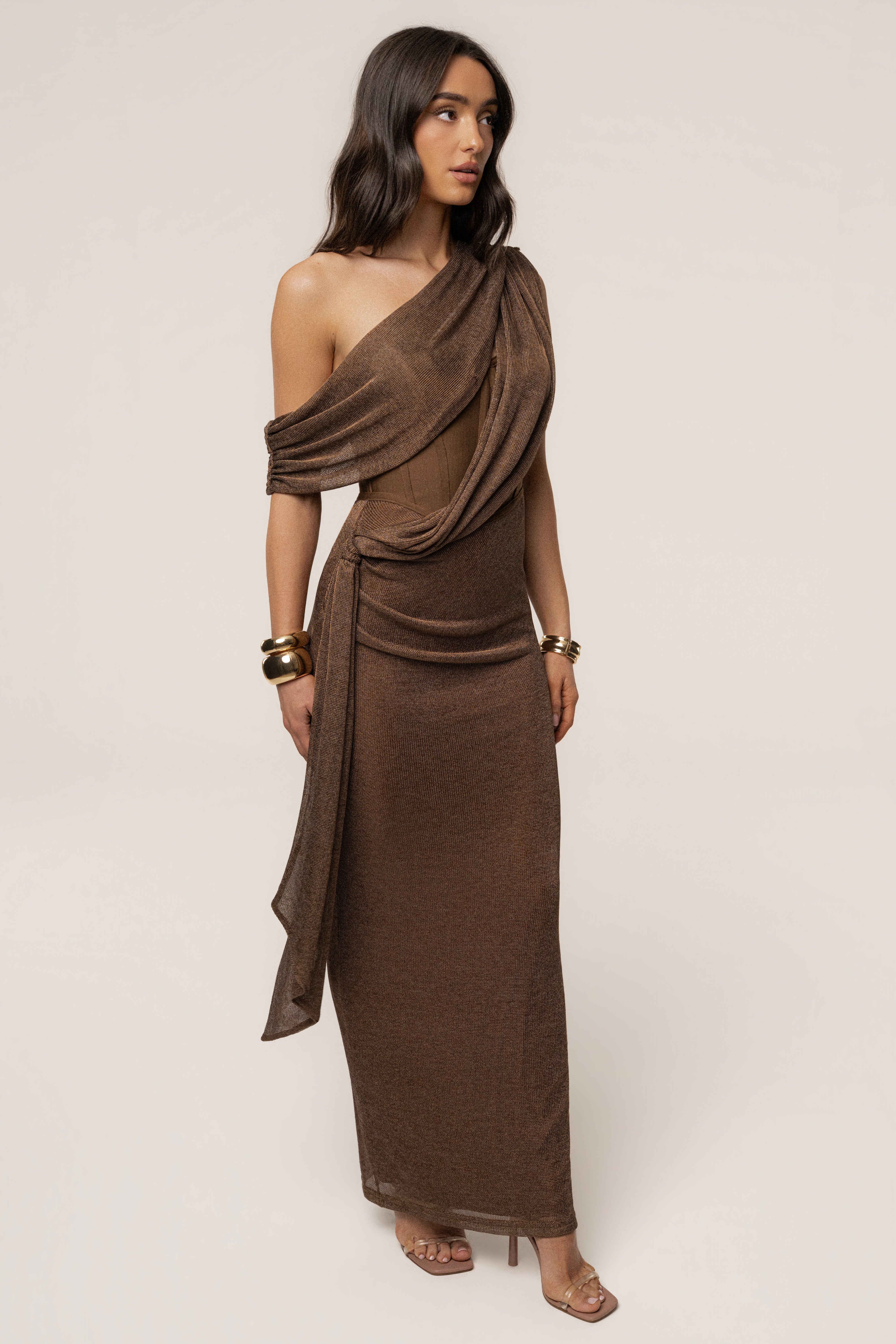 Bronze Metallic Celestina Draped Maxi Dress - JLUXLABEL
