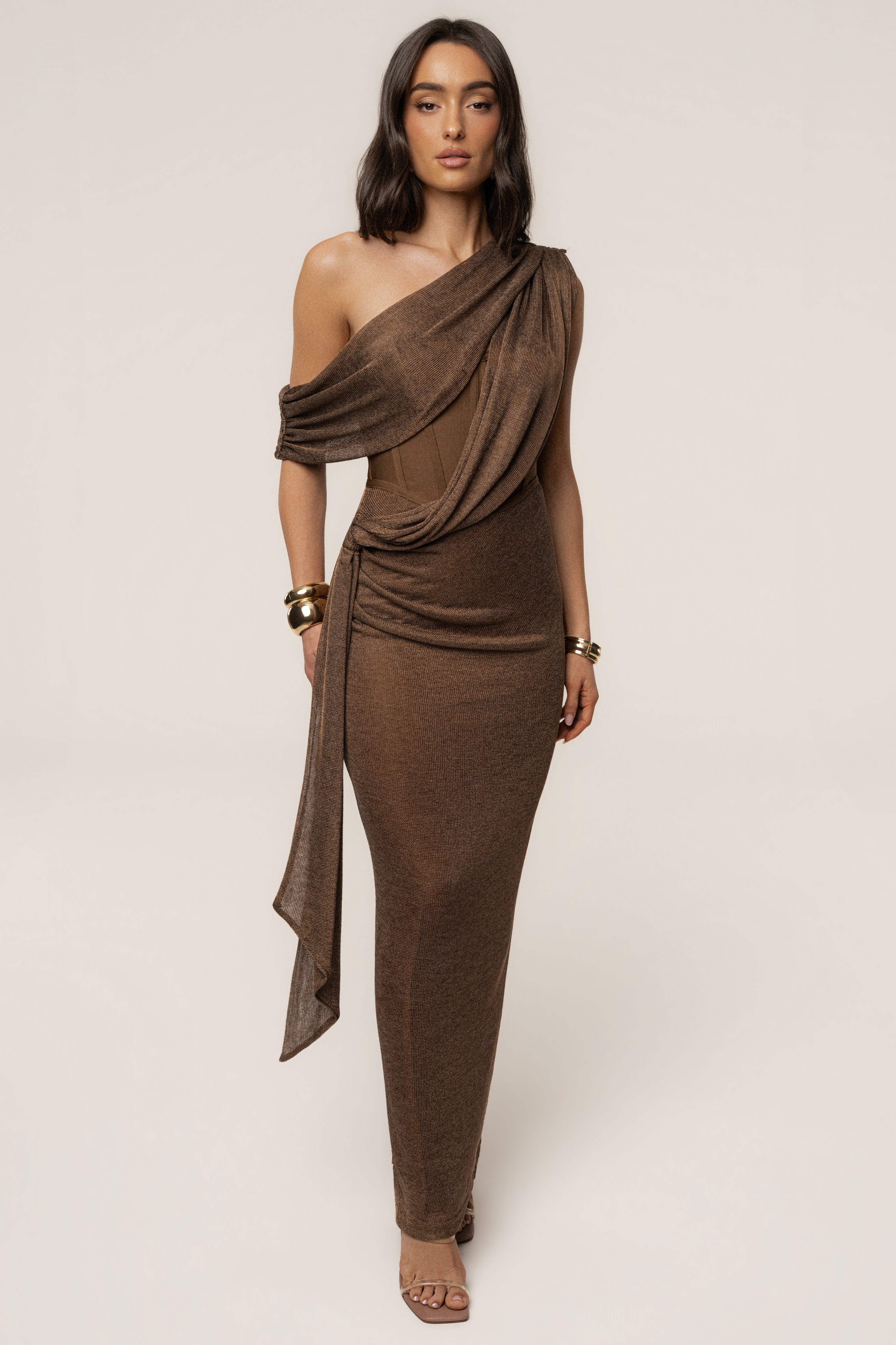 Bronze Metallic Celestina Draped Maxi Dress - JLUXLABEL