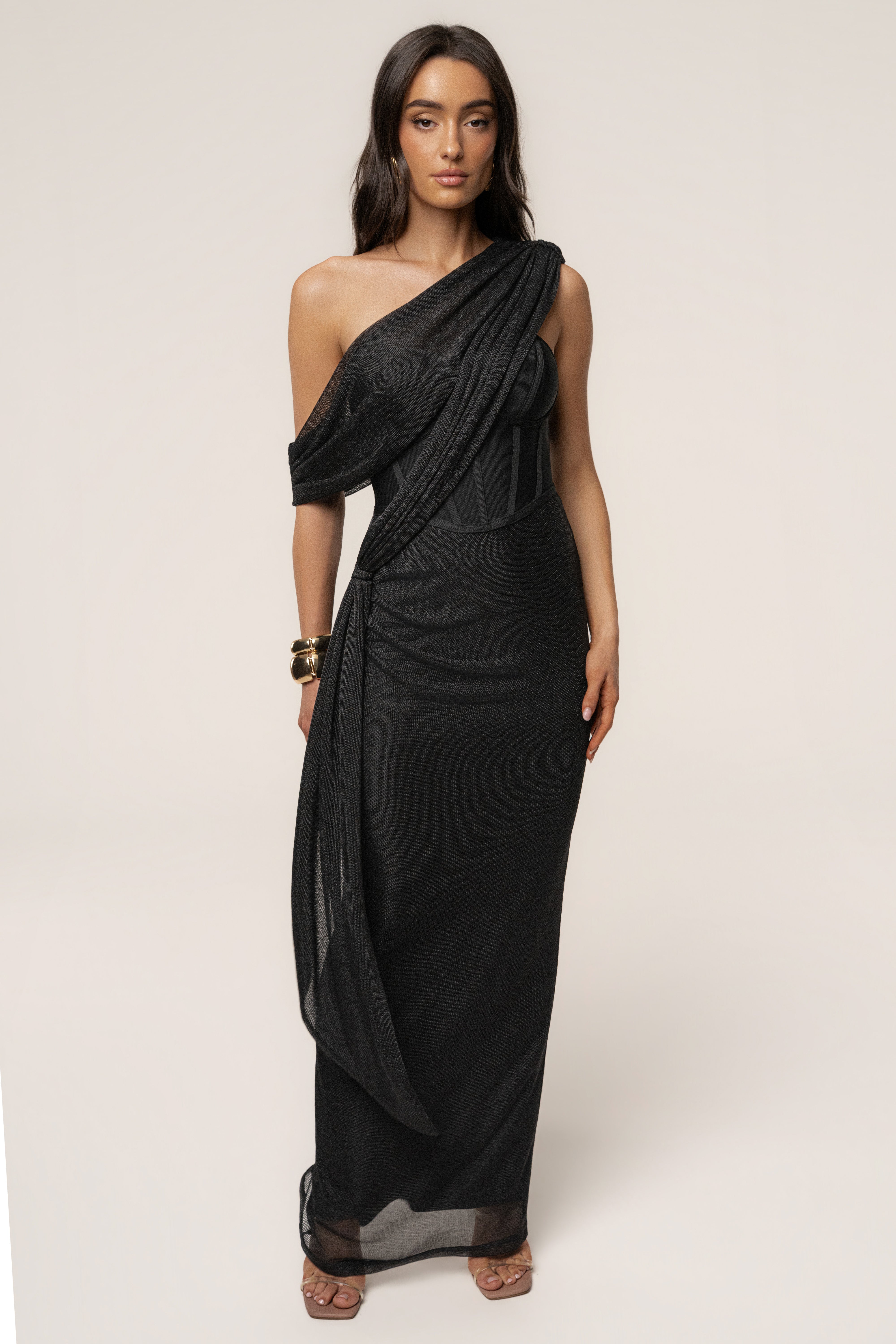 Black Metallic Celestina Draped Maxi Dress - JLUXLABEL