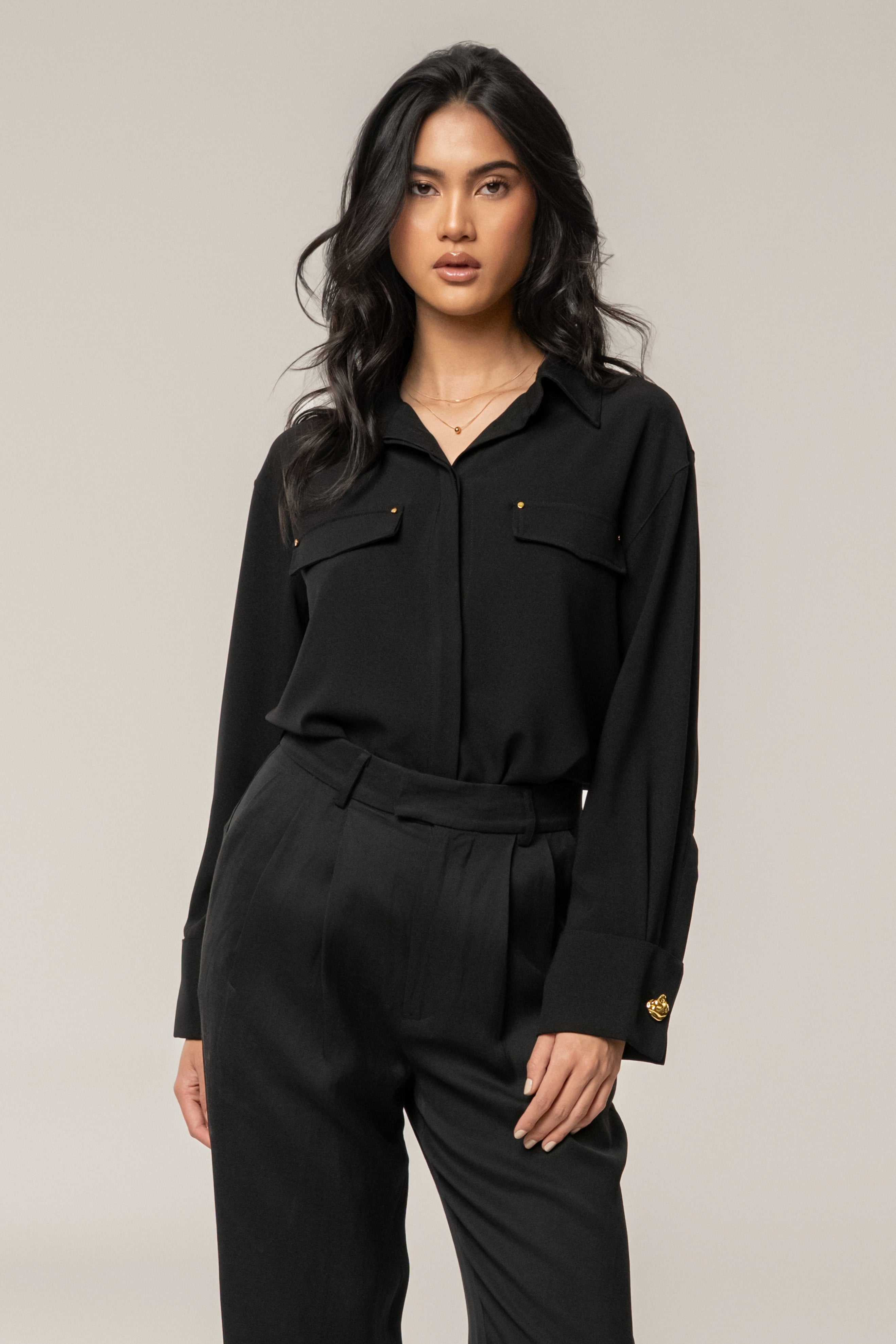 Black Stella Button Up Shirt - JLUXLABEL