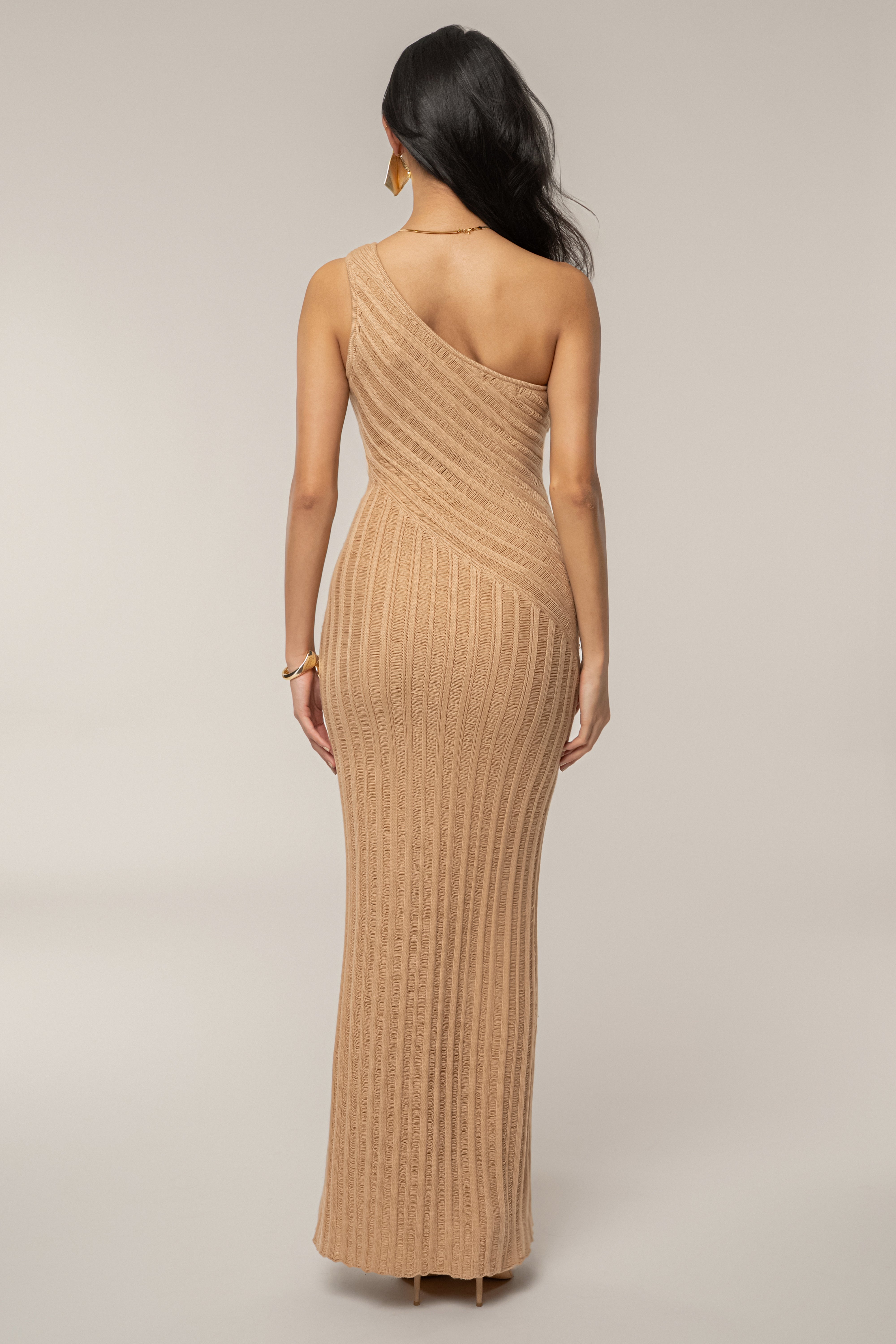 Tan Fringe Knit Maxi Dress - JLUXLABEL