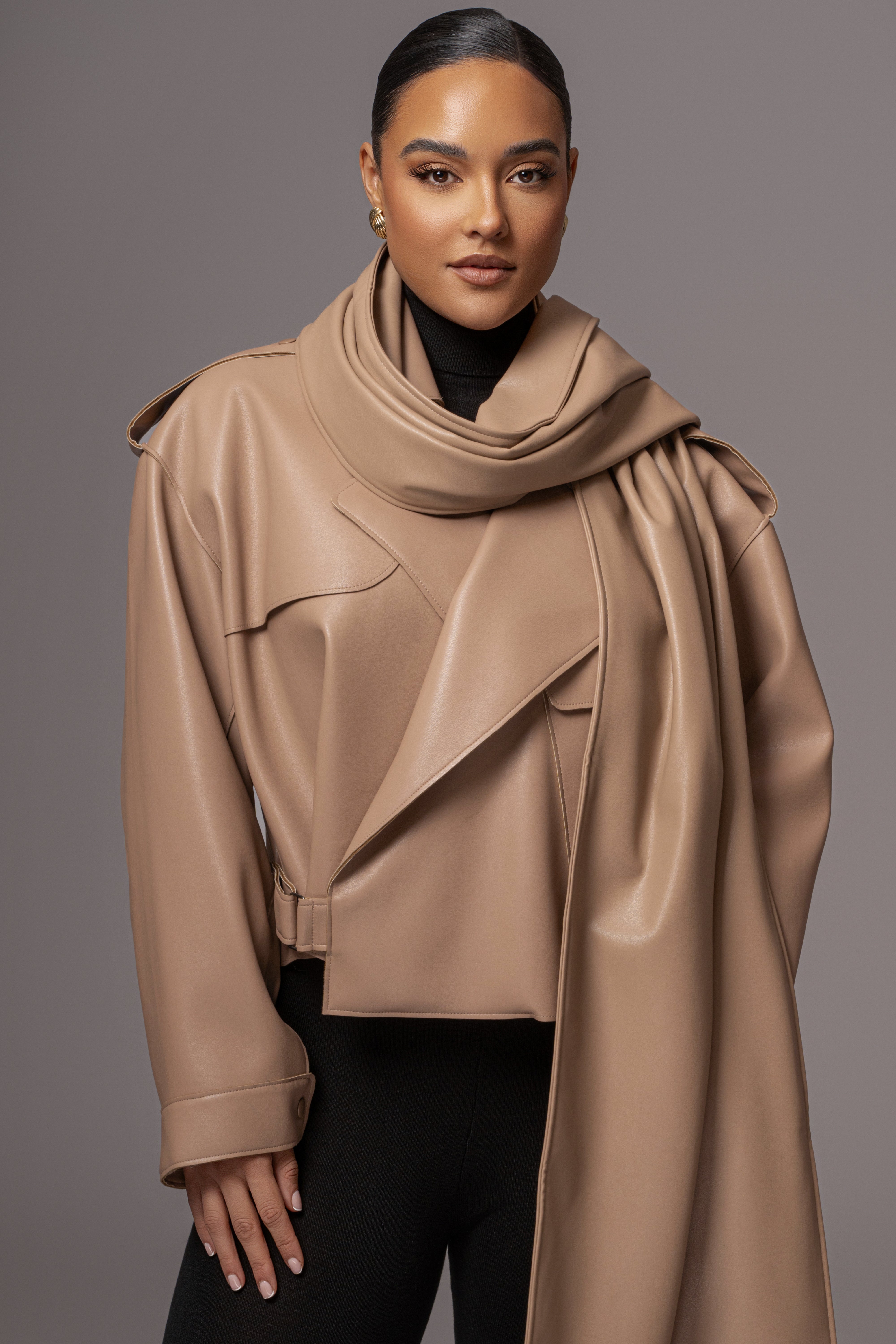 Tan Fine Faux Leather Scarf - JLUXLABEL