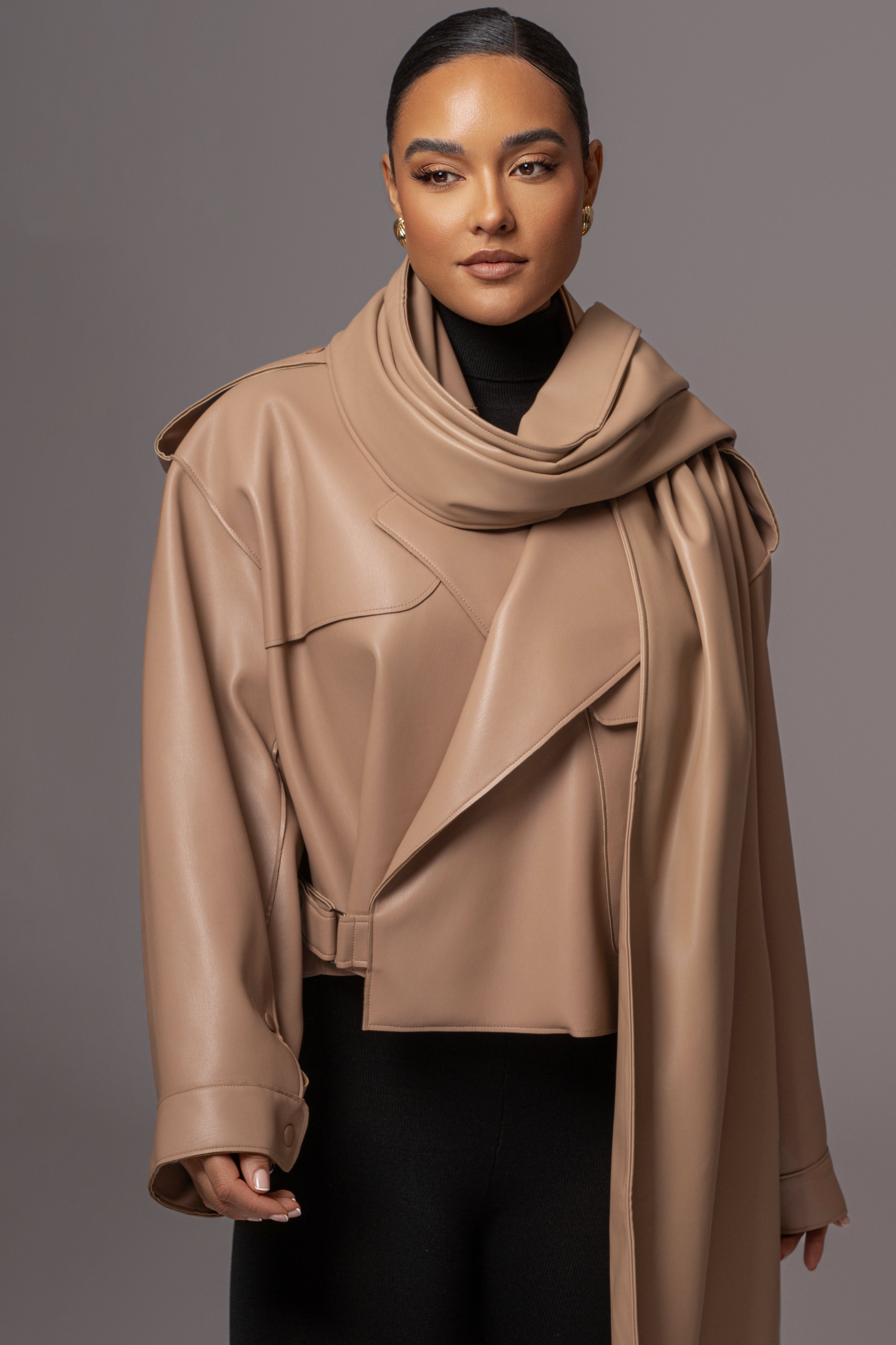 Tan Fine Faux Leather Scarf - JLUXLABEL