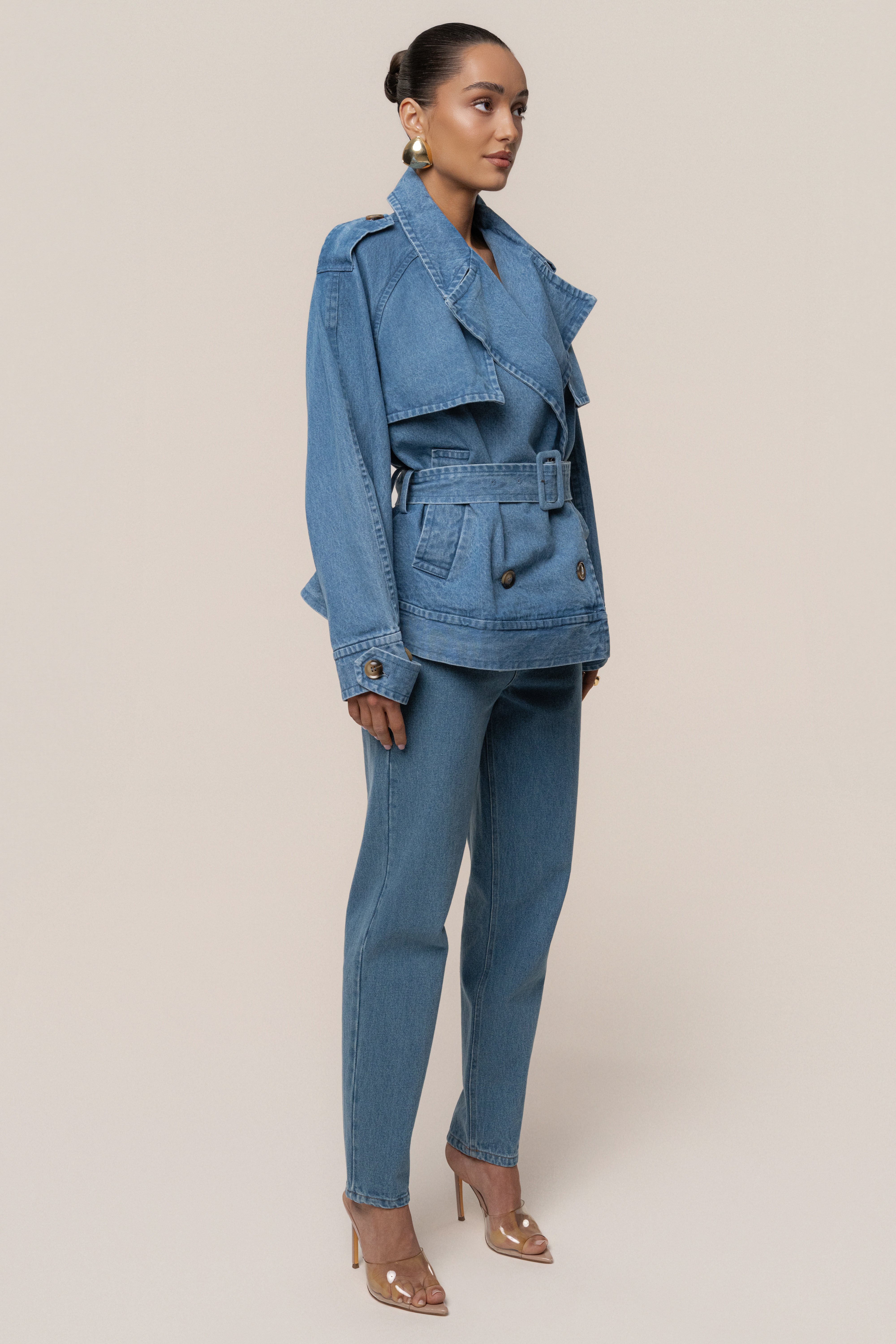 Medium Wash Double Breasted Denim Jacket - JLUXLABEL