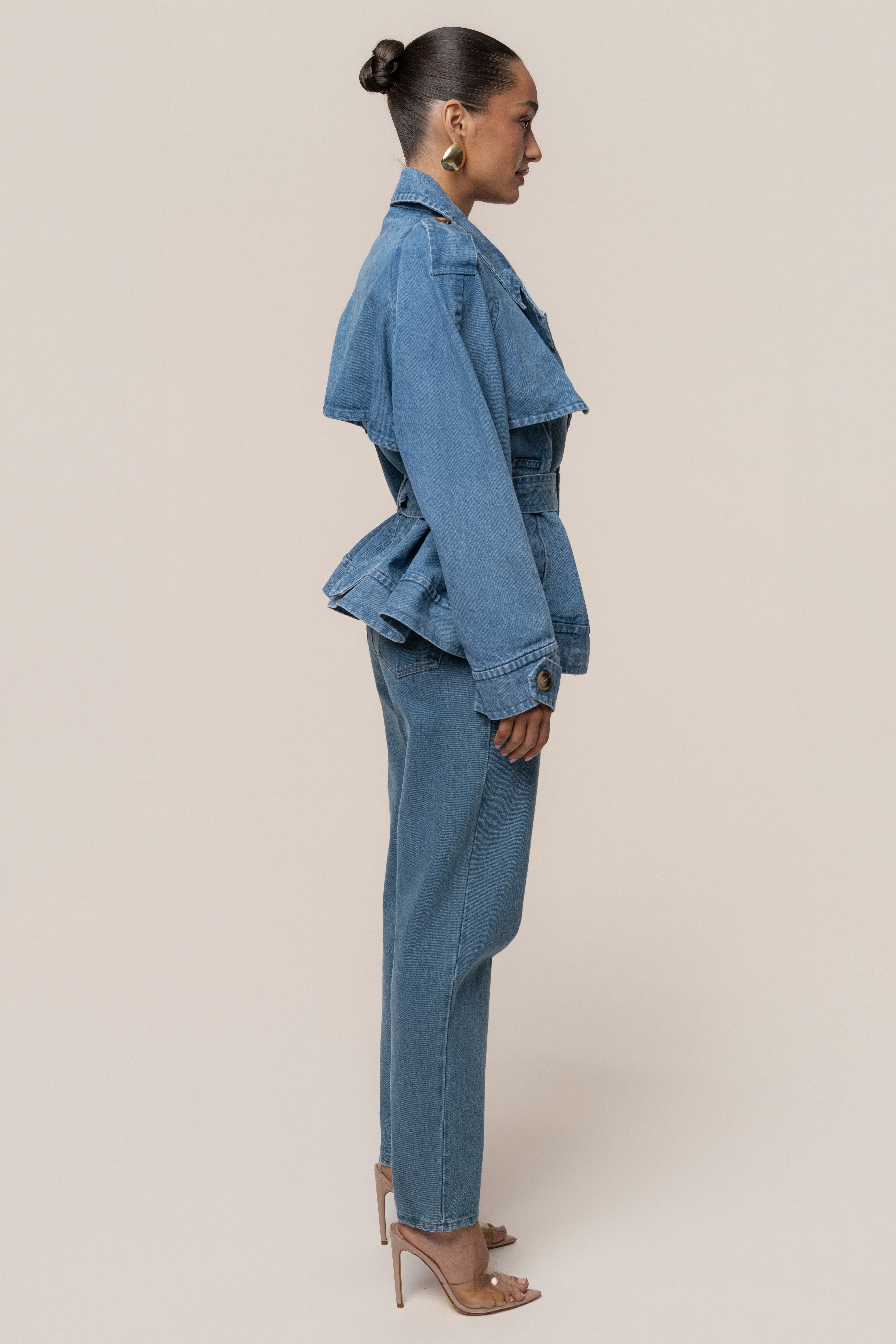 Medium Wash Double Breasted Denim Jacket - JLUXLABEL