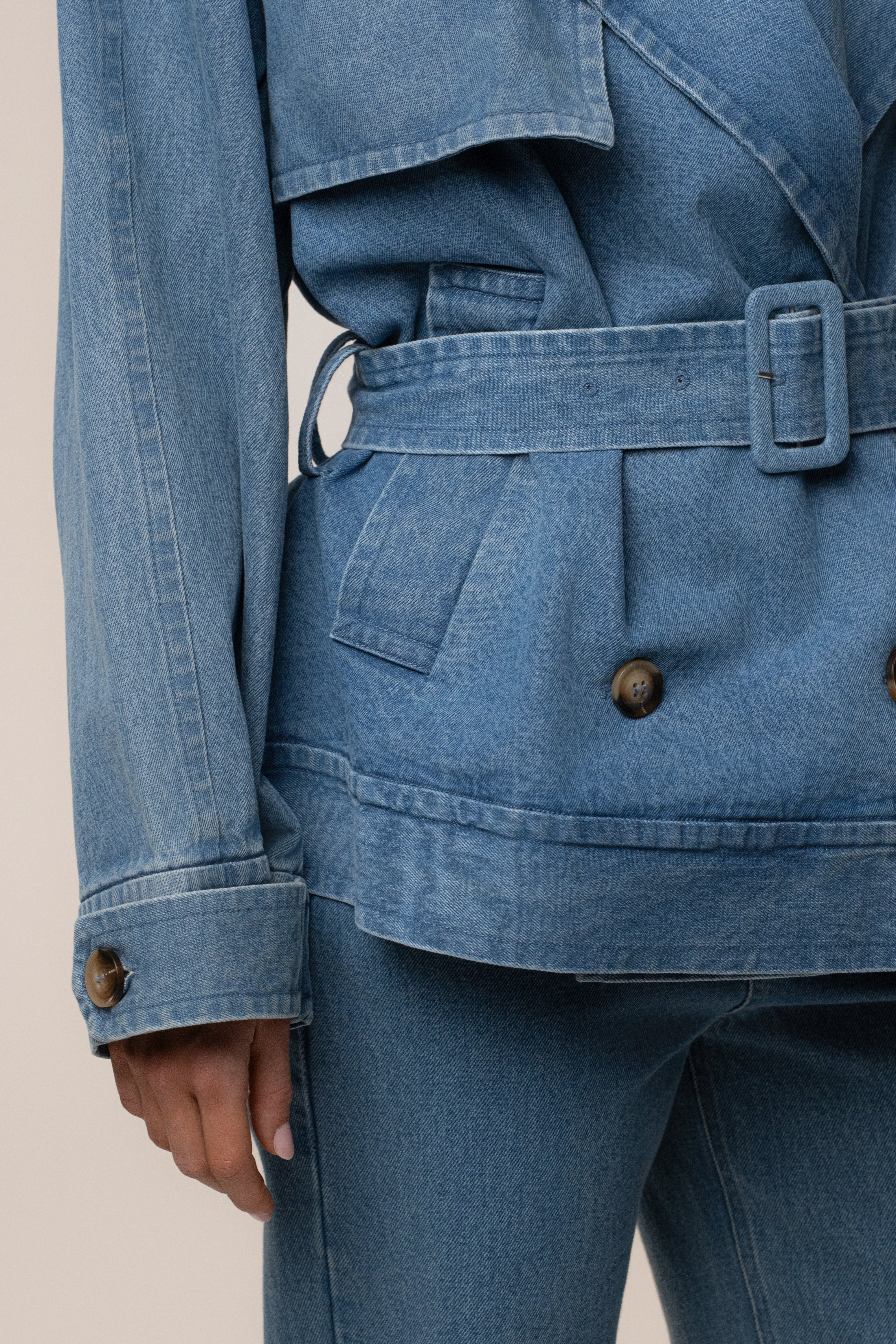 Medium Wash Double Breasted Denim Jacket - JLUXLABEL