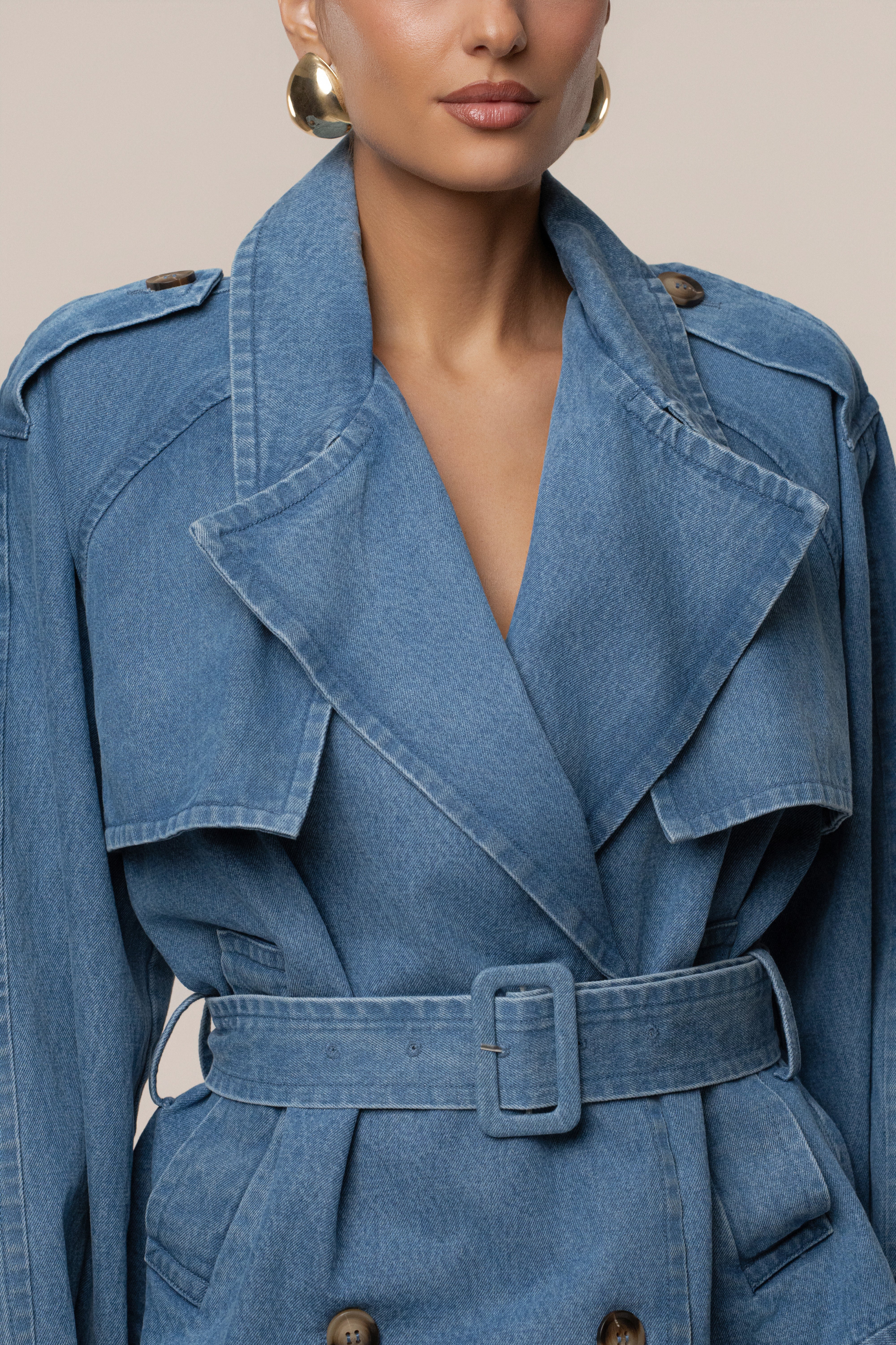 Medium Wash Double Breasted Denim Jacket - JLUXLABEL