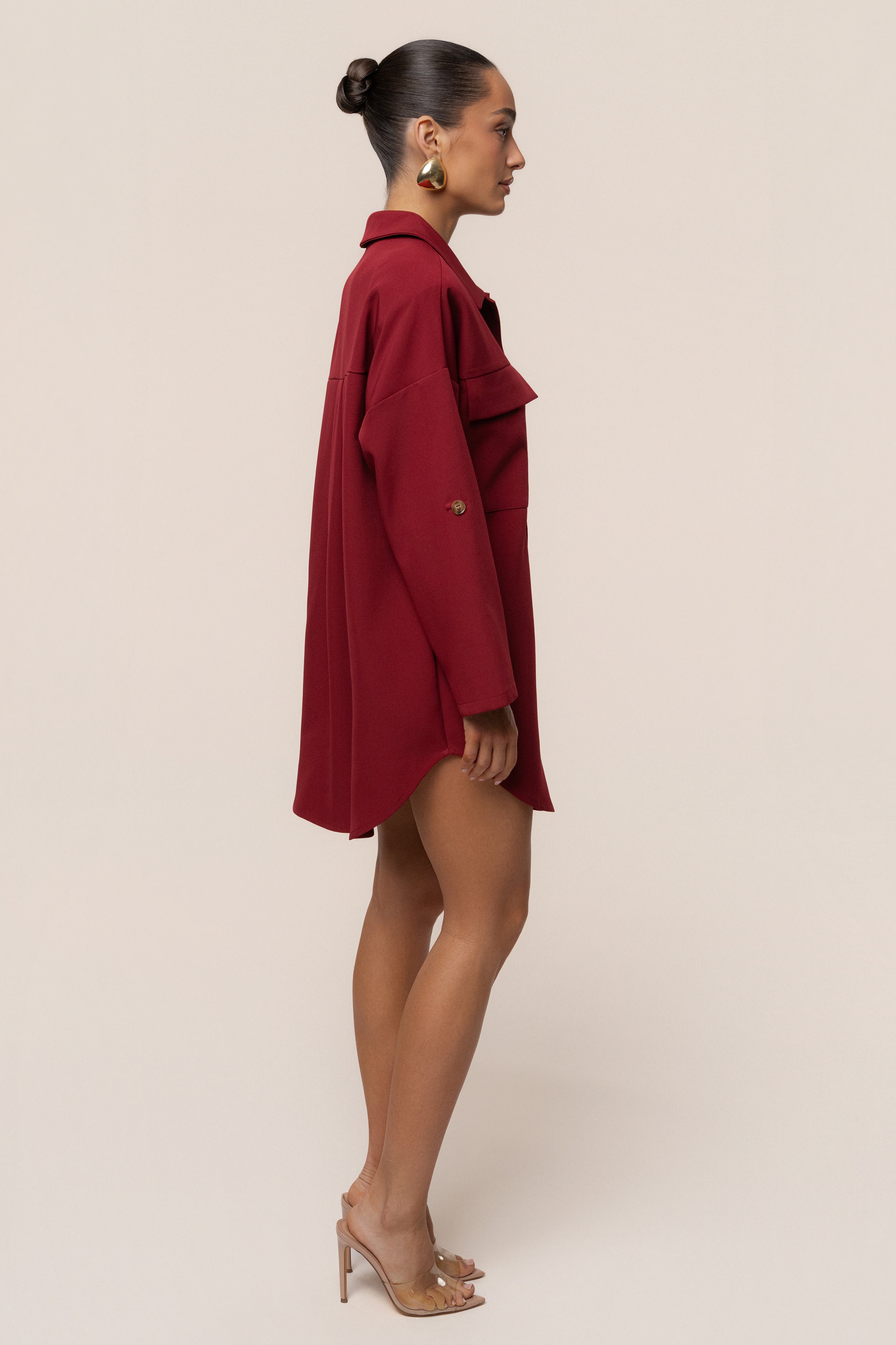 Burgundy Downtime Collared Shirt Dress - JLUXLABEL