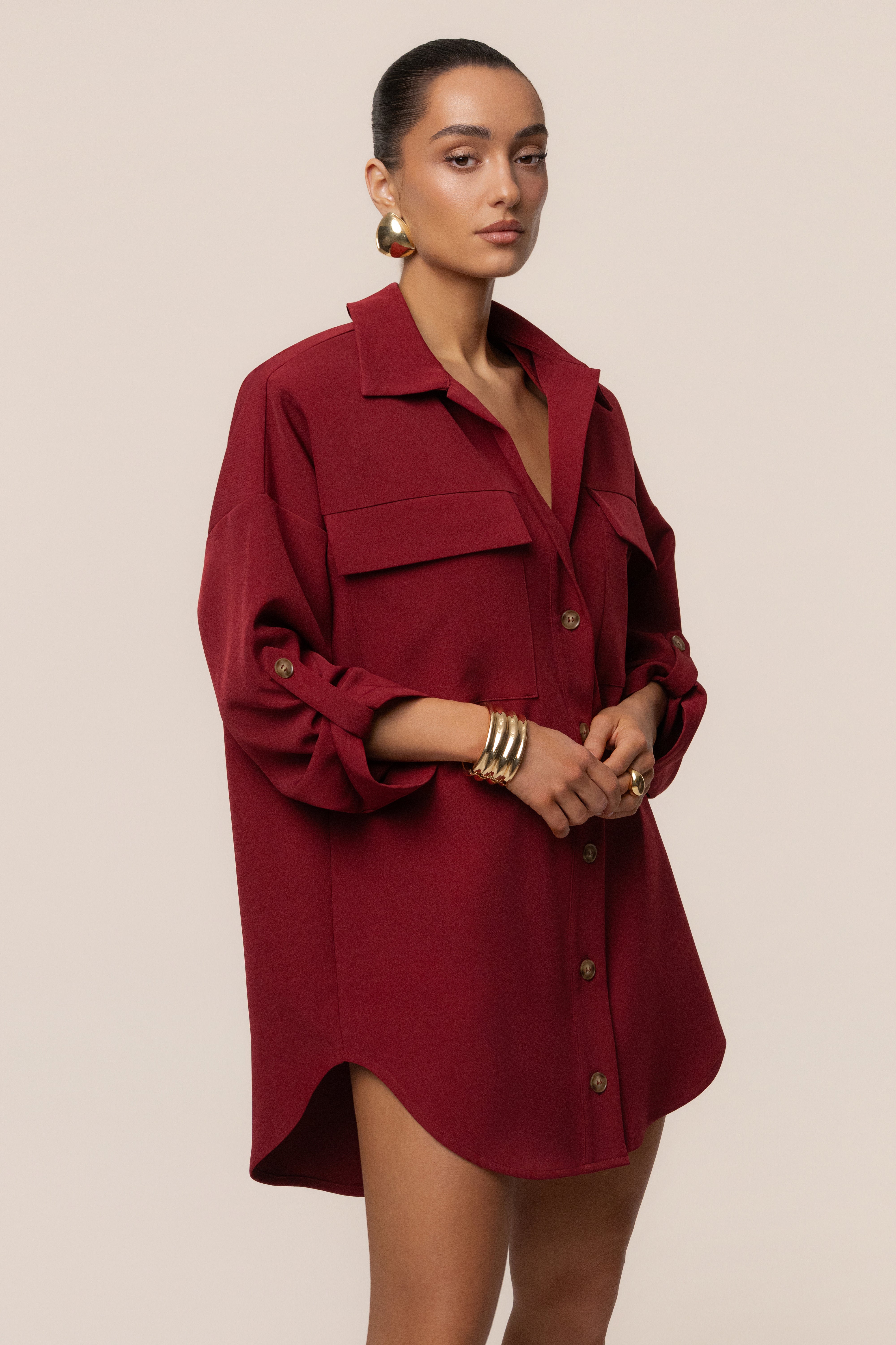 Burgundy Downtime Collared Shirt Dress - JLUXLABEL