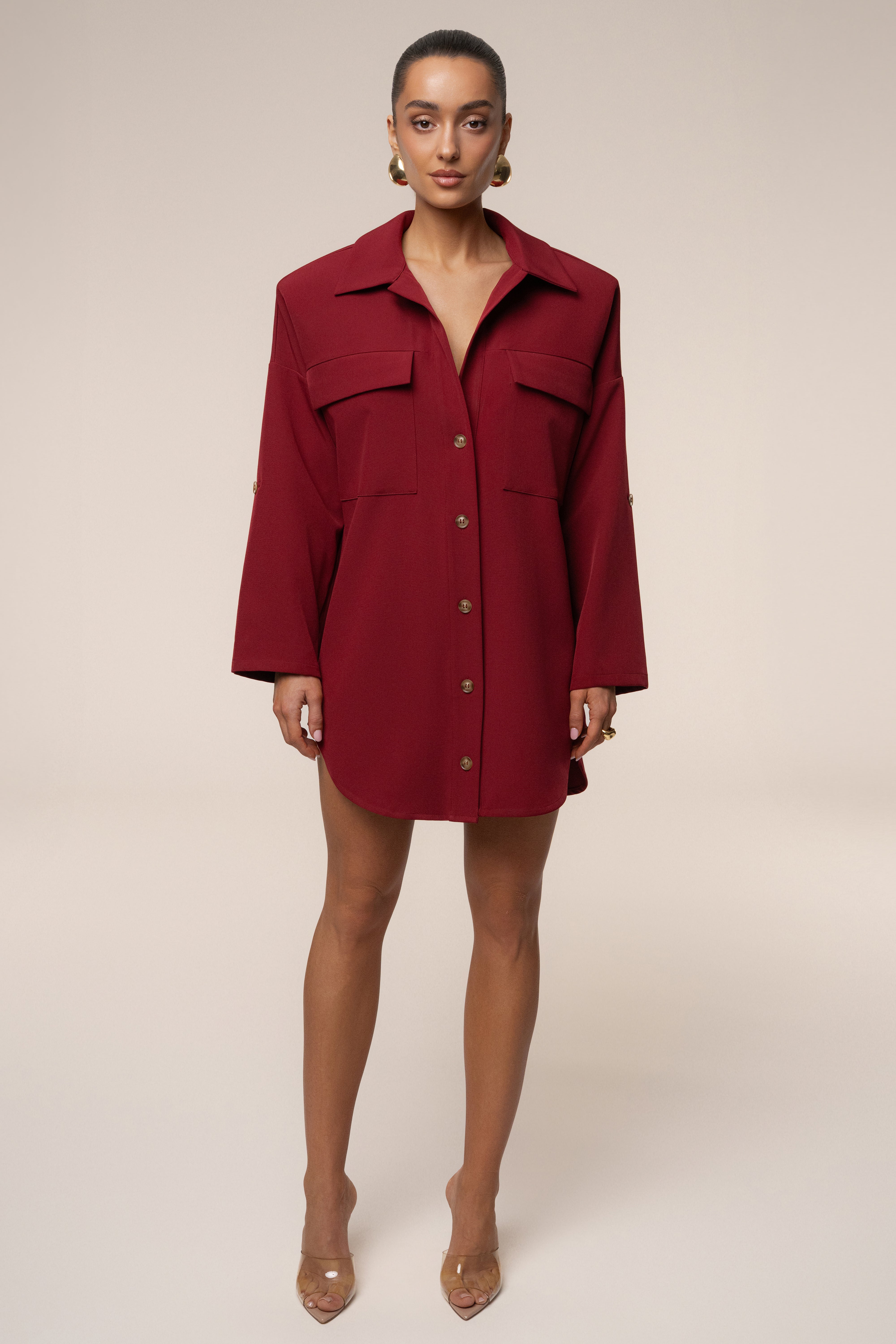 Burgundy Downtime Collared Shirt Dress - JLUXLABEL