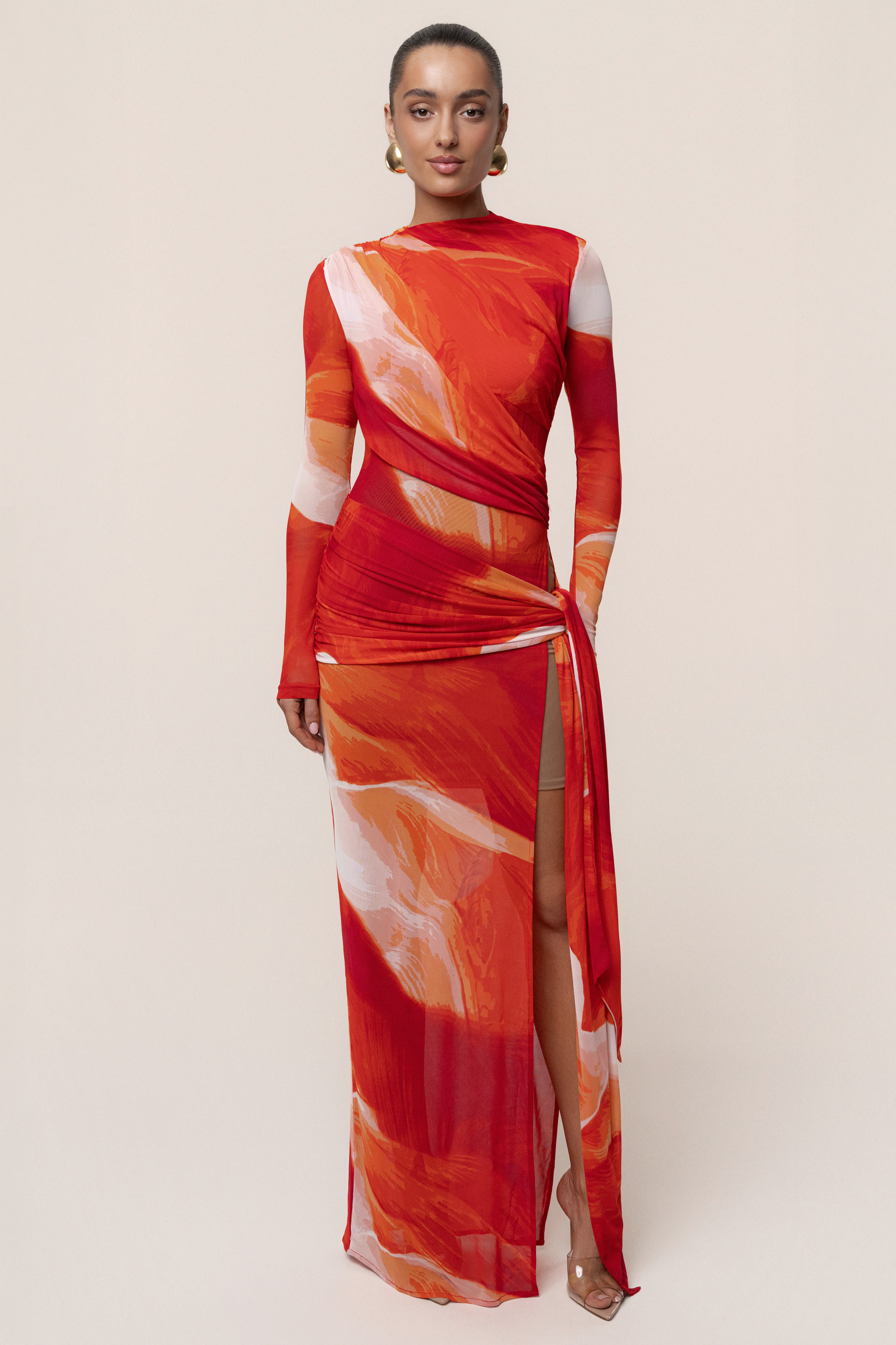 Sunset Red Heatwave Mesh Maxi Dress - JLUXLABEL