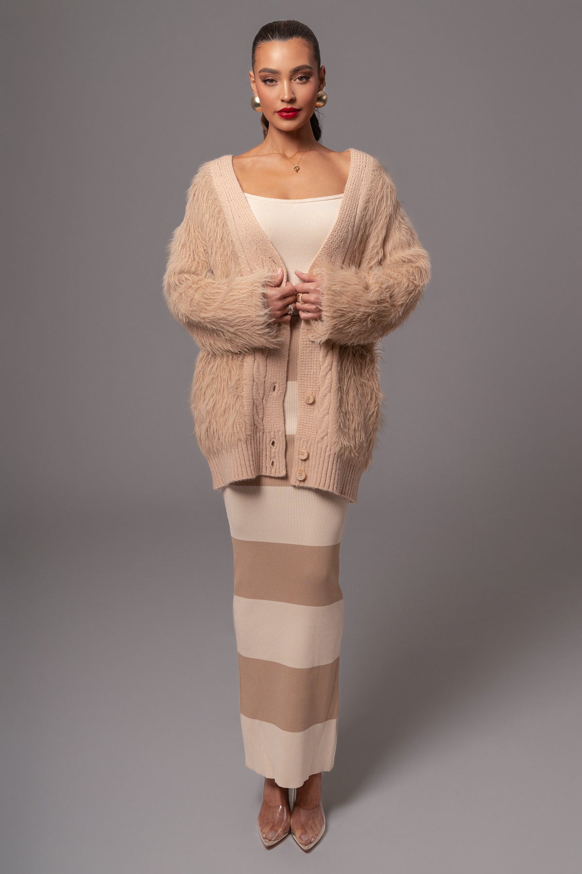 Tan Lola fuzzy knit cardigan by JLUXLABEL, cozy outerwear with a soft, textured appearance and relaxed fit.