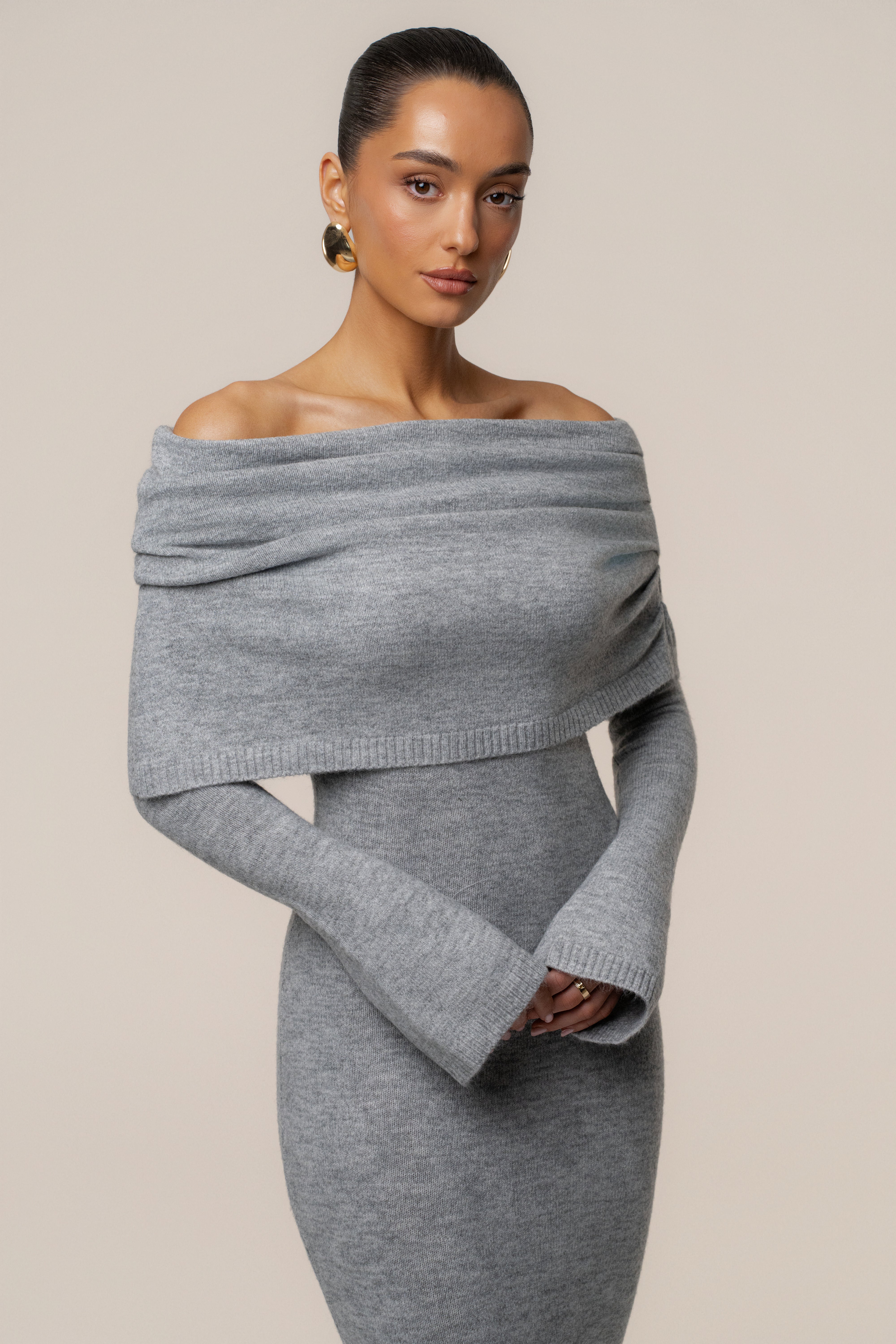 Grey Soft Haven Off-Shoulder Dress - JLUXLABEL