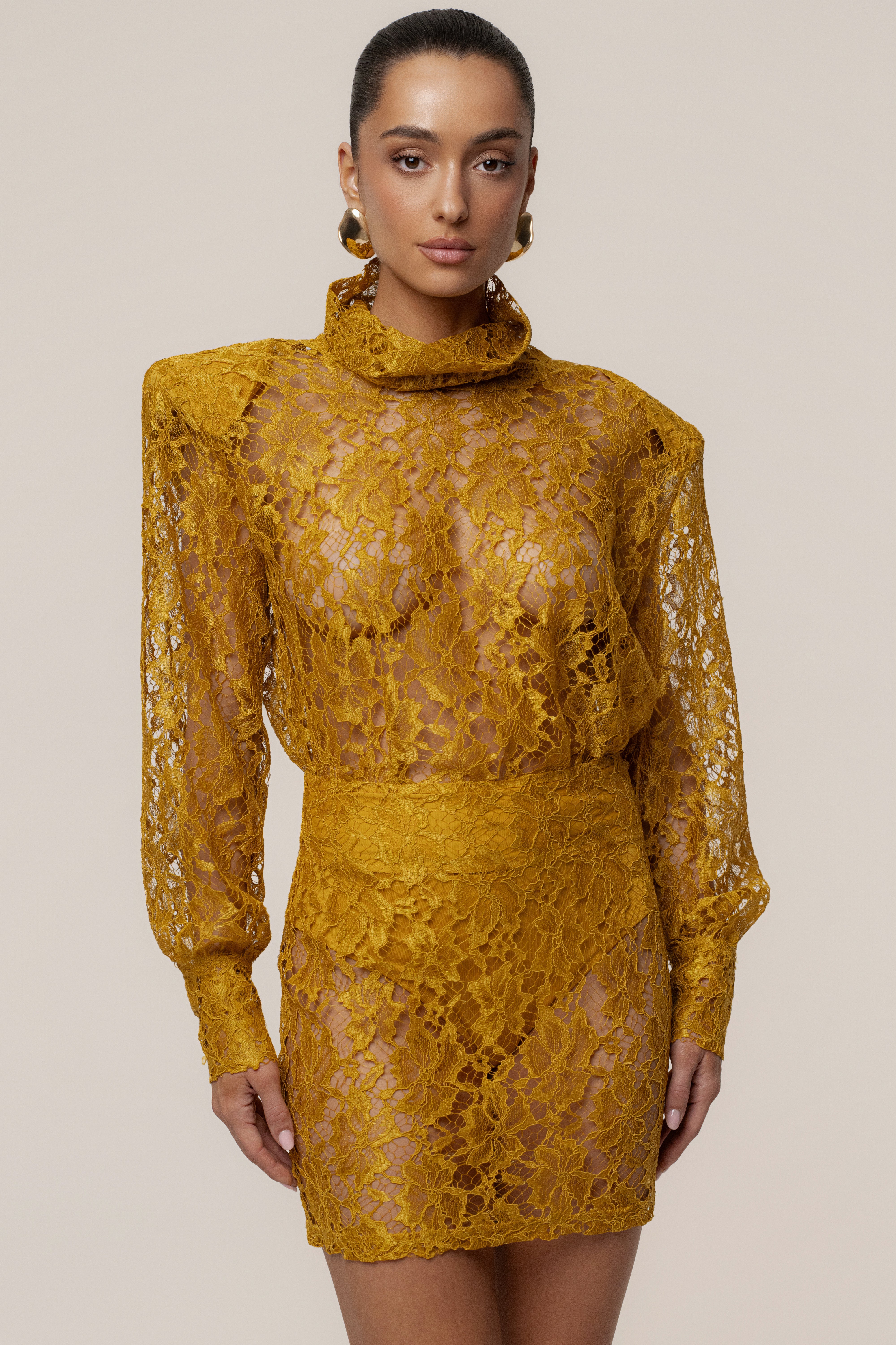 PRE-ORDER Mustard Devotion Lace Bodysuit & Skirt Set