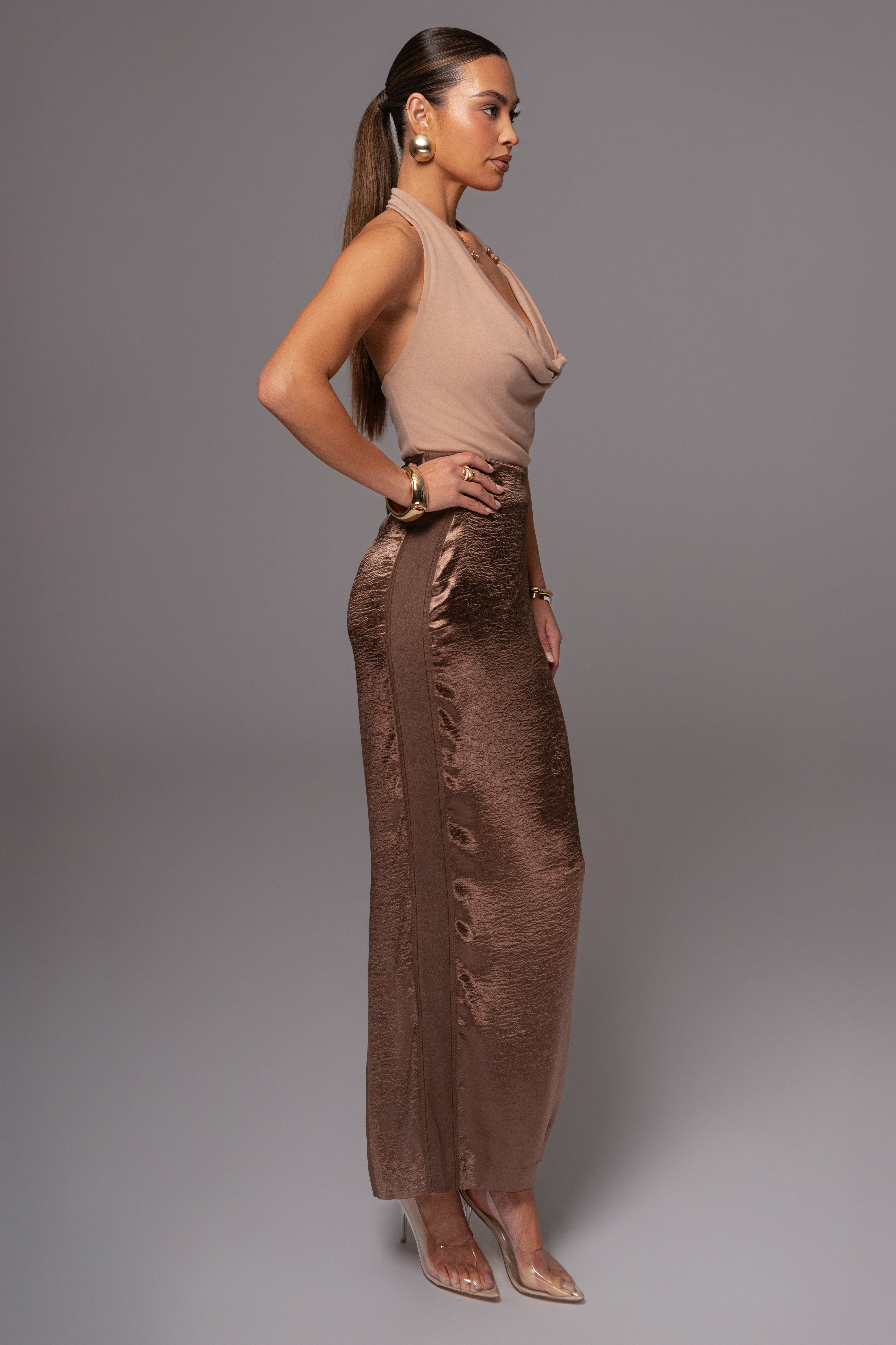 Chocolate Nora Satin Maxi Skirt - JLUXLABEL