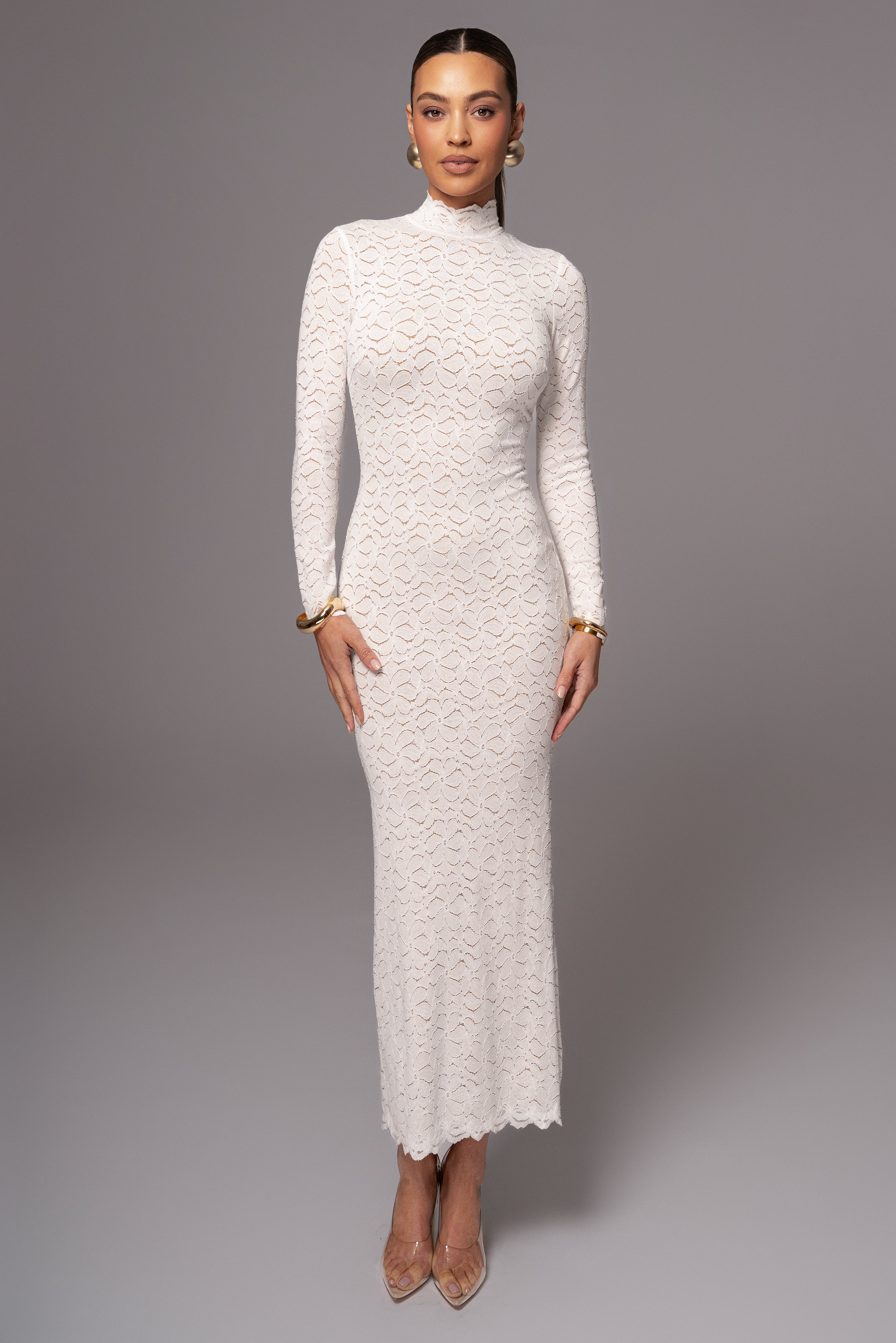 White Amara Mock Neck Dress - JLUXLABEL