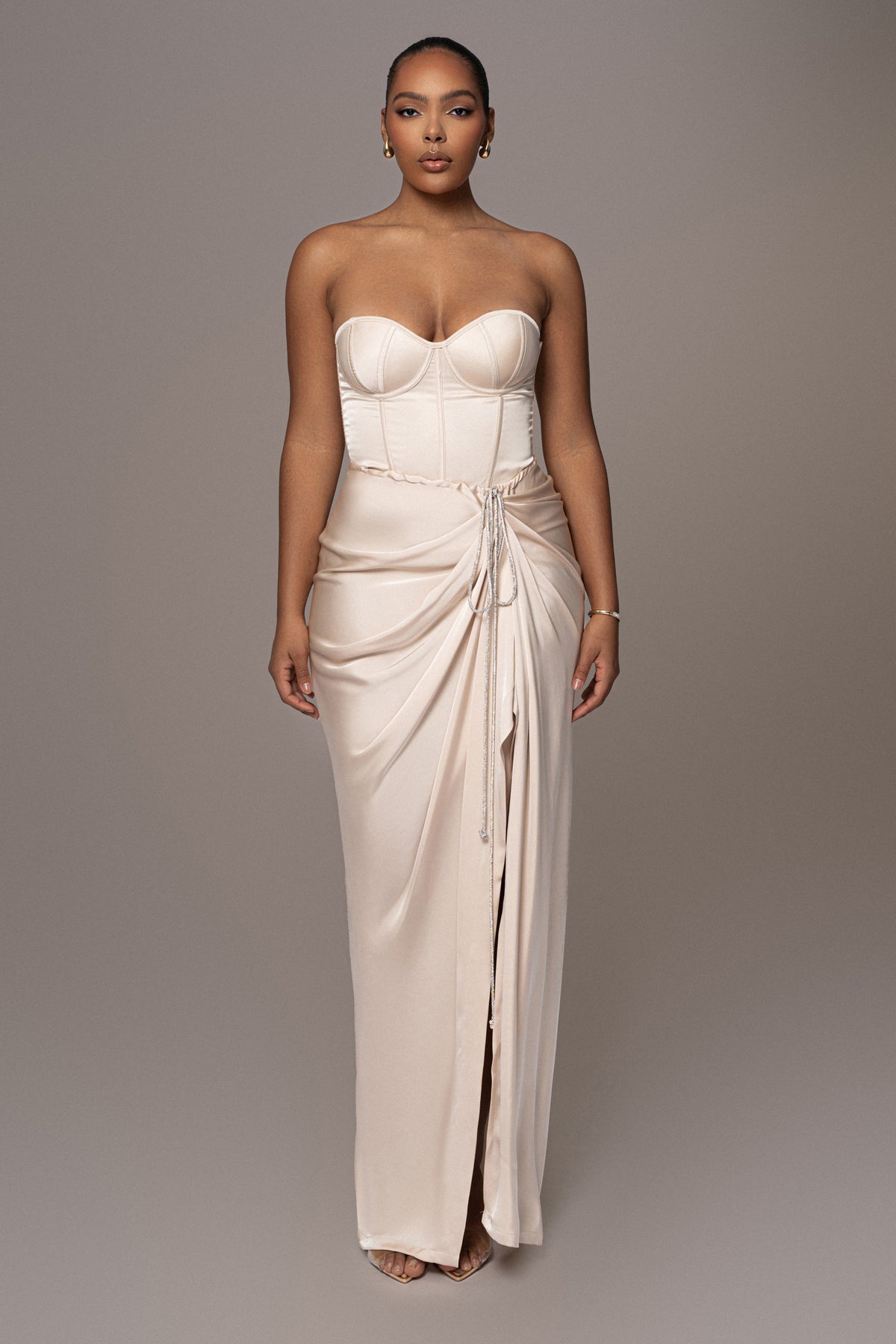 JLUXLABEL Champagne Leo matte satin bustier top with structured design and satin finish, showcased on a neutral background.