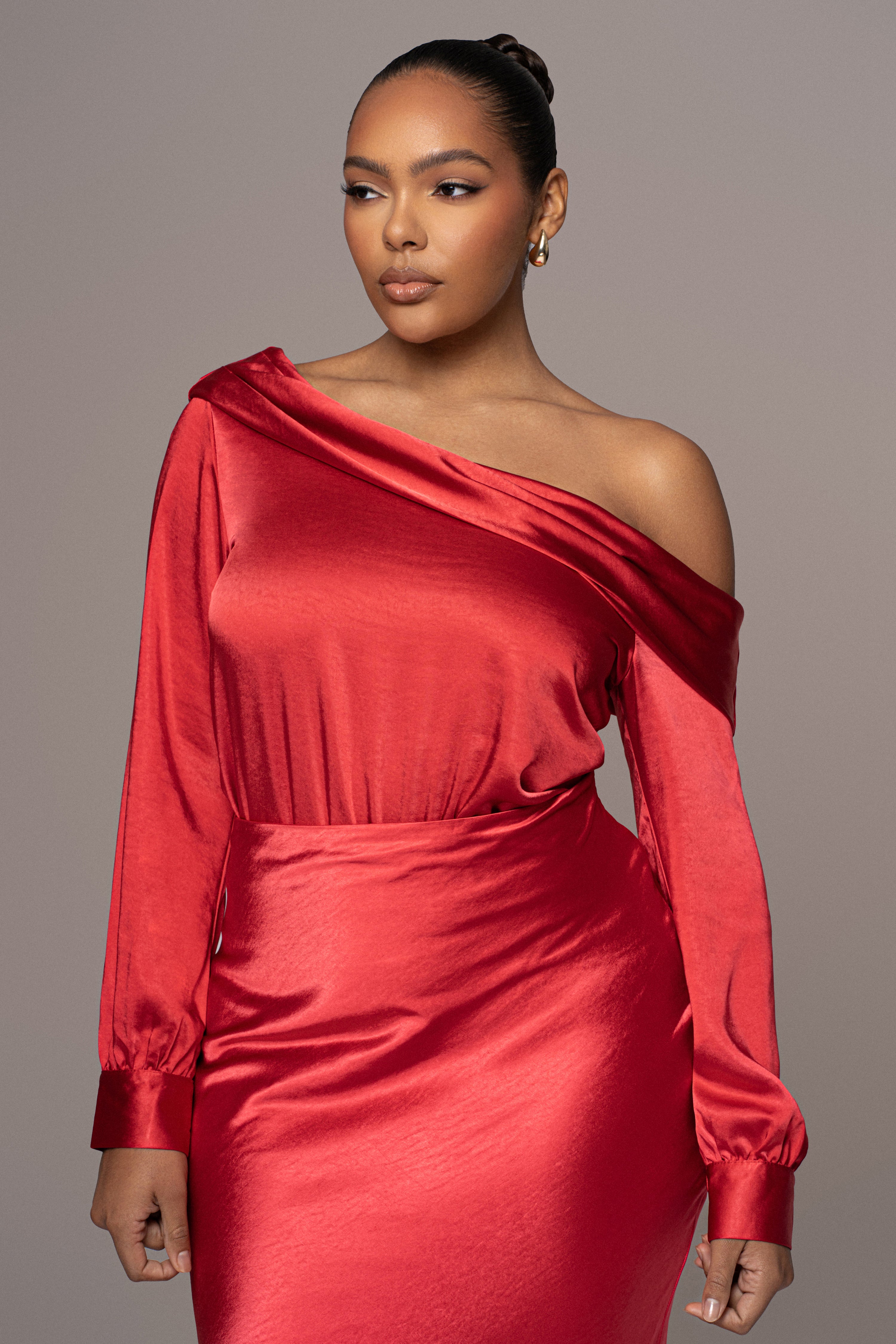 Red Satin Rima Asymmetrical Bodysuit - JLUXLABEL